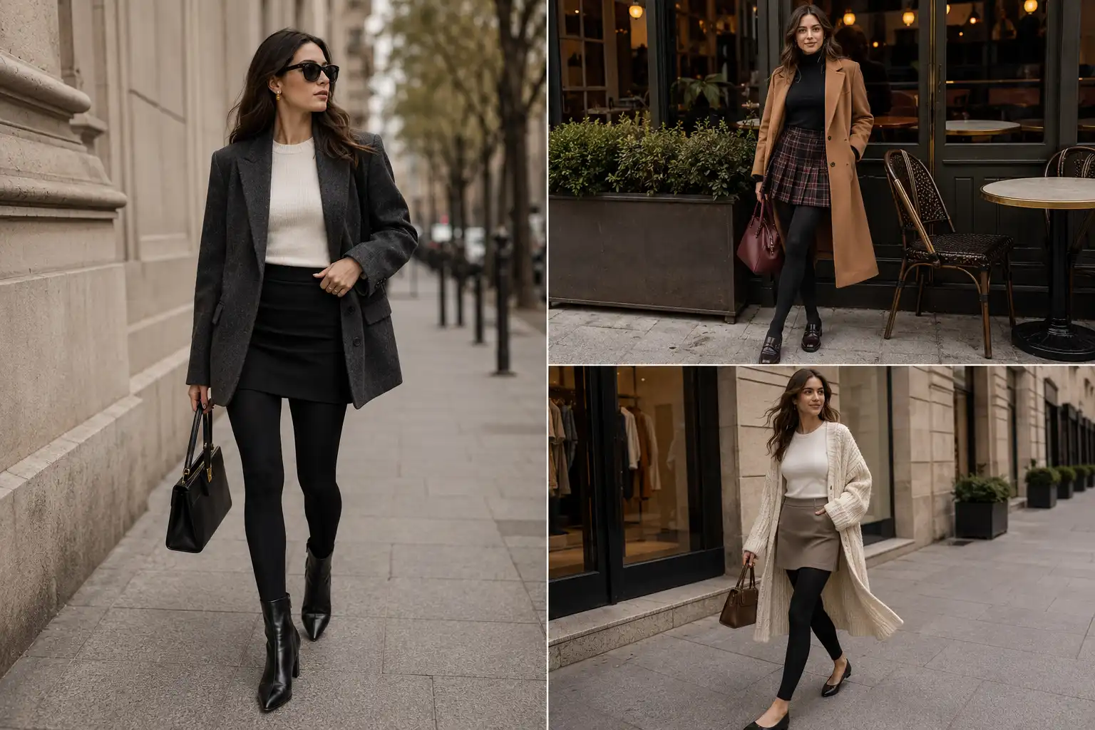 Stylish skirt and leggings outfit ideas featuring a real woman in a tailored mini skirt, opaque black leggings, oversized coat, and polished boots in a modern street-style fashion setting.
