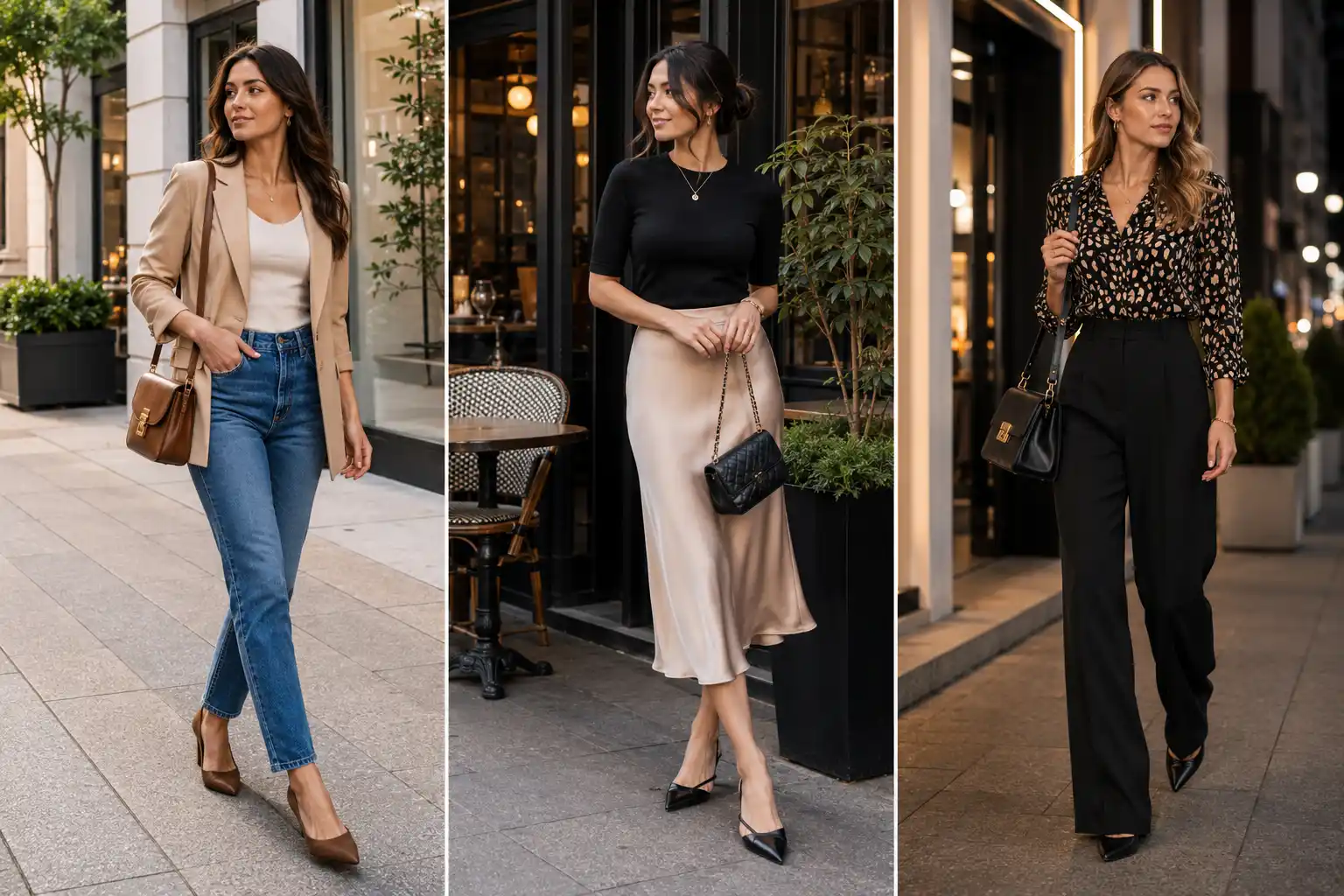 Pinterest featured image showing three stylish young women in different modern Going Out Outfit Ideas, including a beige blazer and jeans look, satin midi skirt outfit, and black wide-leg trousers with a statement blouse.