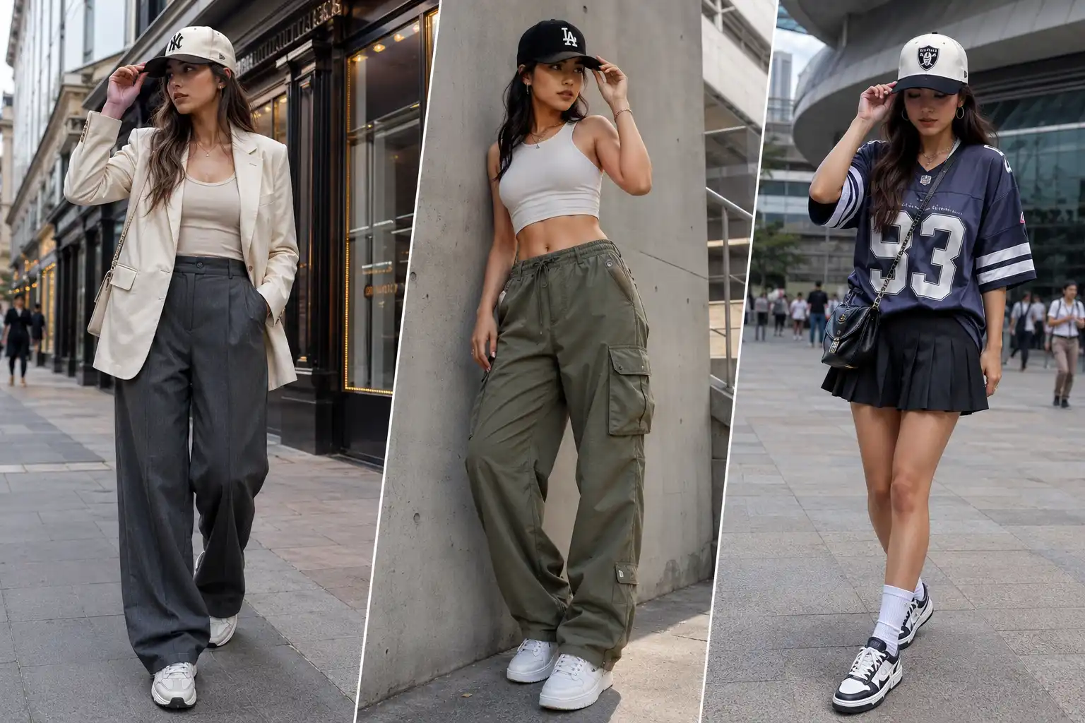 Pinterest fashion featured image showing a woman in a stylish snapback hat outfit ideas with bold stacked typography and a modern streetwear aesthetic