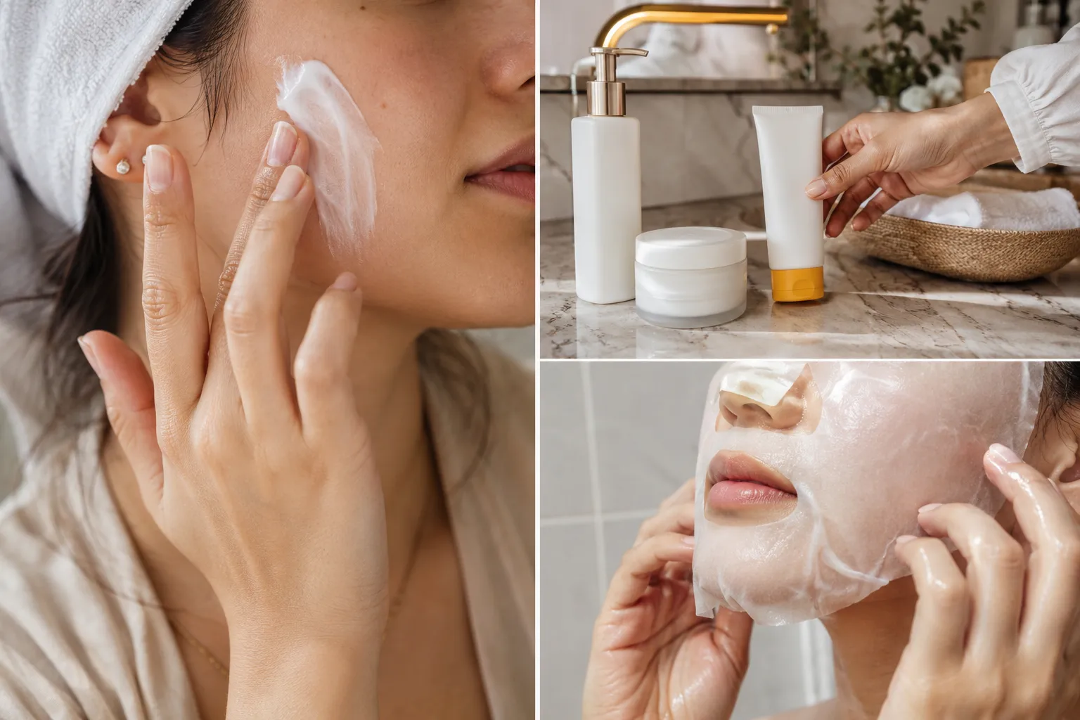Three-panel real-life Skincare Routine Ideas showing moisturizer application, everyday skincare products, and a hydrating sheet mask