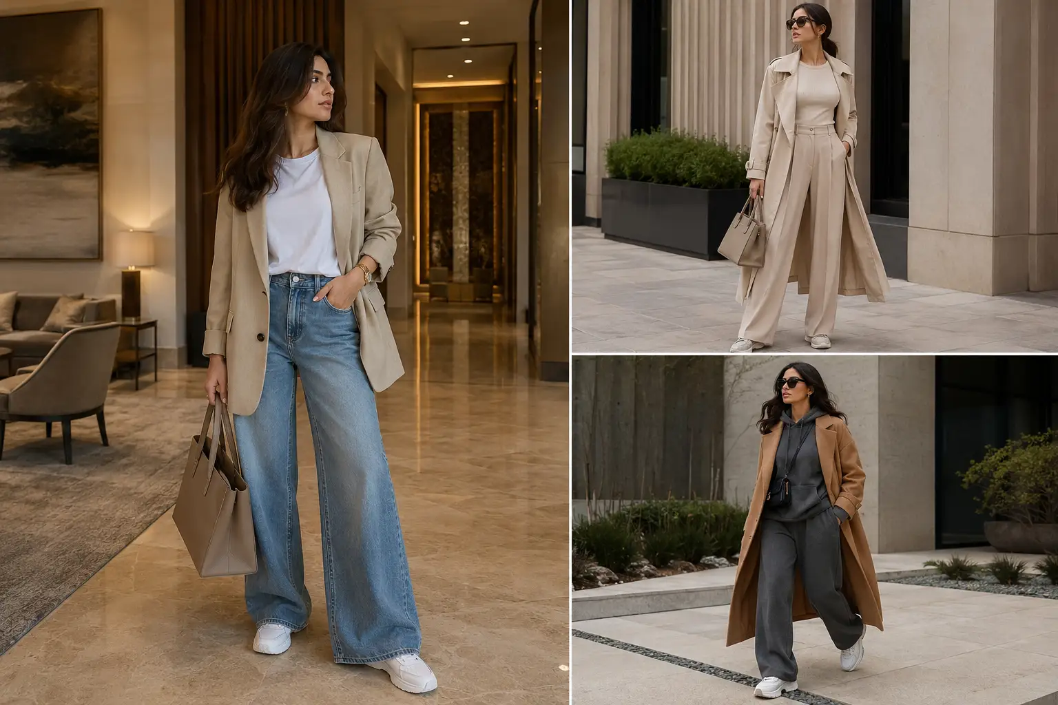 Stylish woman wearing a beige oversized blazer, white top, wide-leg blue jeans, white sneakers, and a neutral tote bag in a modern luxury interior, featured in a bold Pinterest graphic for 15 chic and comfortable airport outfit ideas.