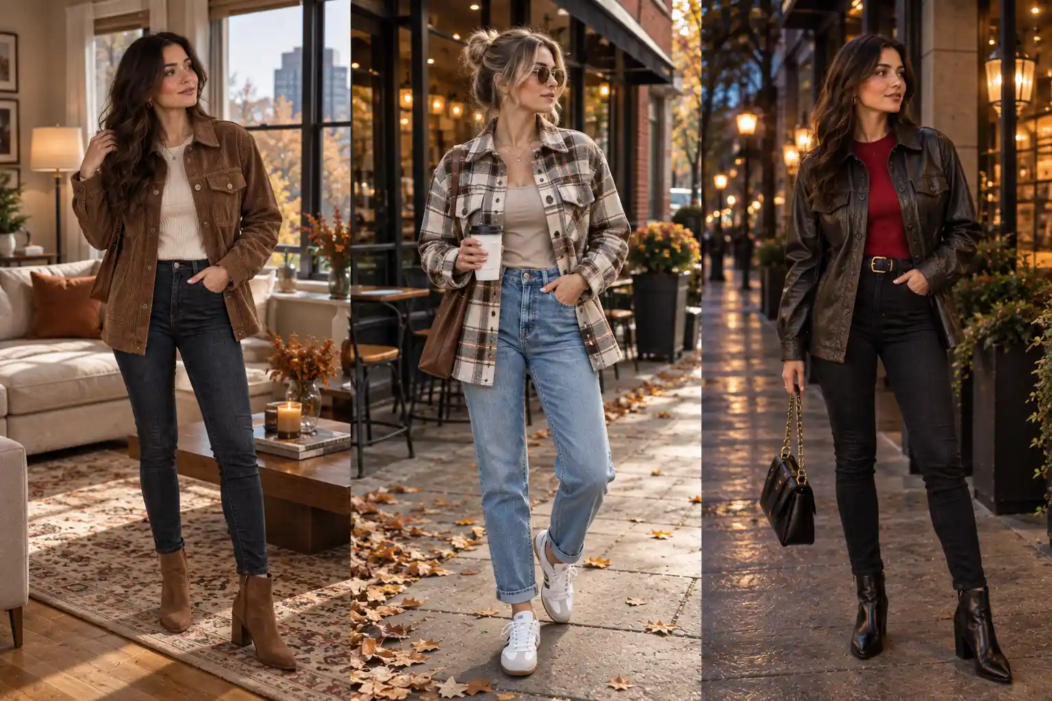Pinterest fashion graphic featuring 14 shacket outfit ideas for Fall 2026, with a woman wearing a brown corduroy shacket, cream knit top, dark denim and suede boots.