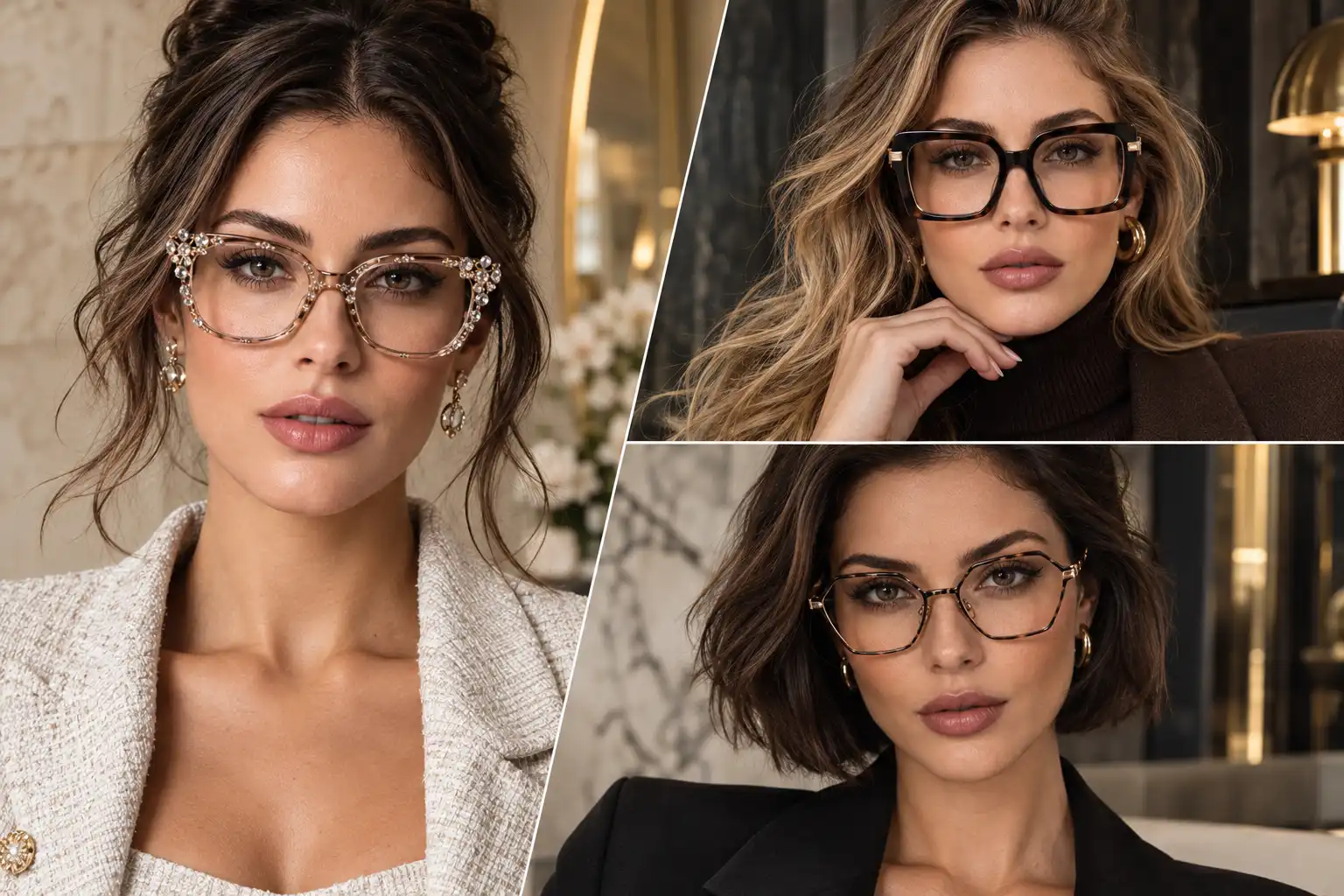 Fashion editorial featuring a stylish woman wearing statement eyeglasses alongside bold 2026 glasses trends, with oversized typography and a sophisticated luxury fashion backdrop.