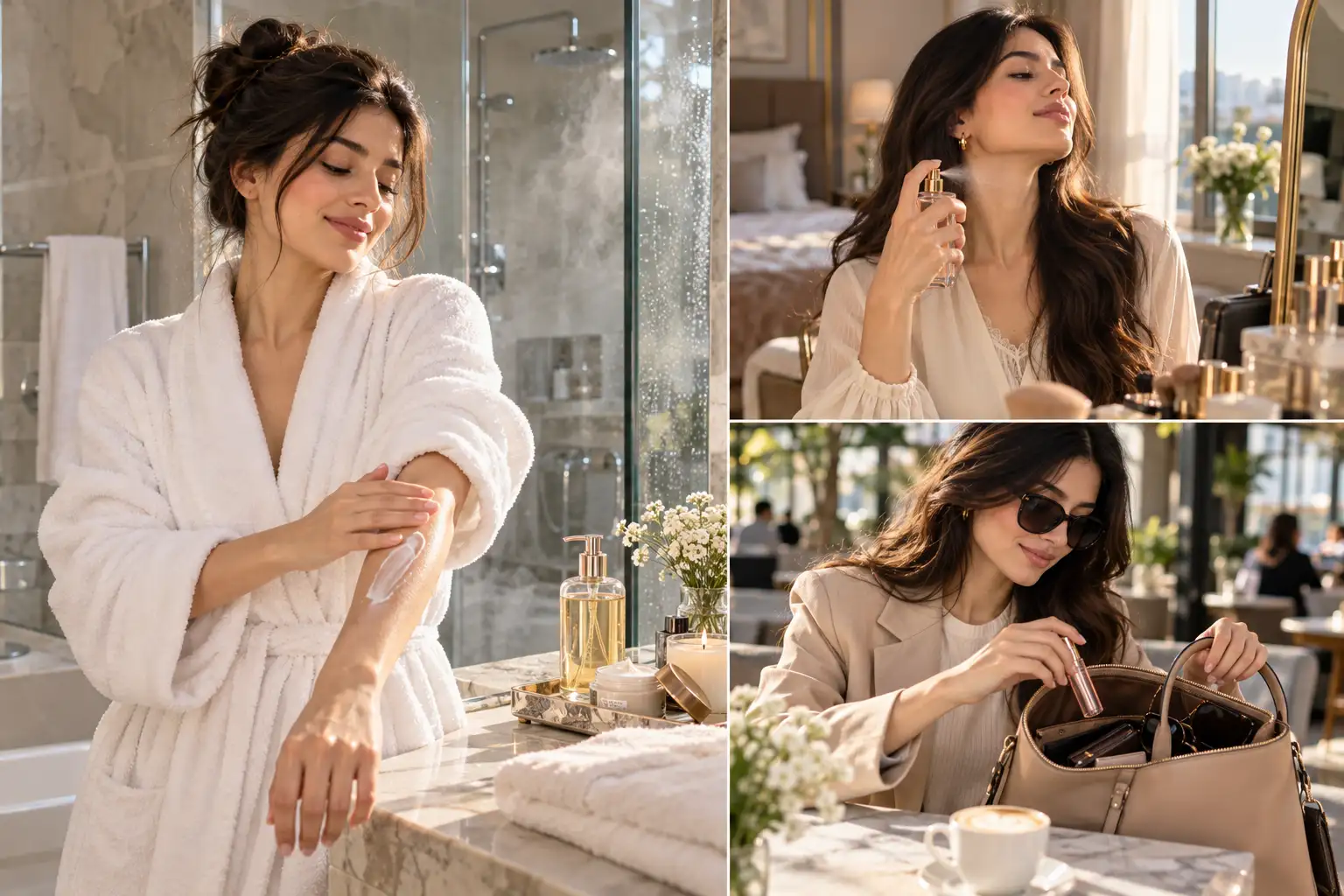 Three-photo beauty lifestyle collage featuring a woman moisturizing after a shower, applying perfume to her neck, and taking a travel-size fragrance from her handbag for a daytime refresh. how to smell good