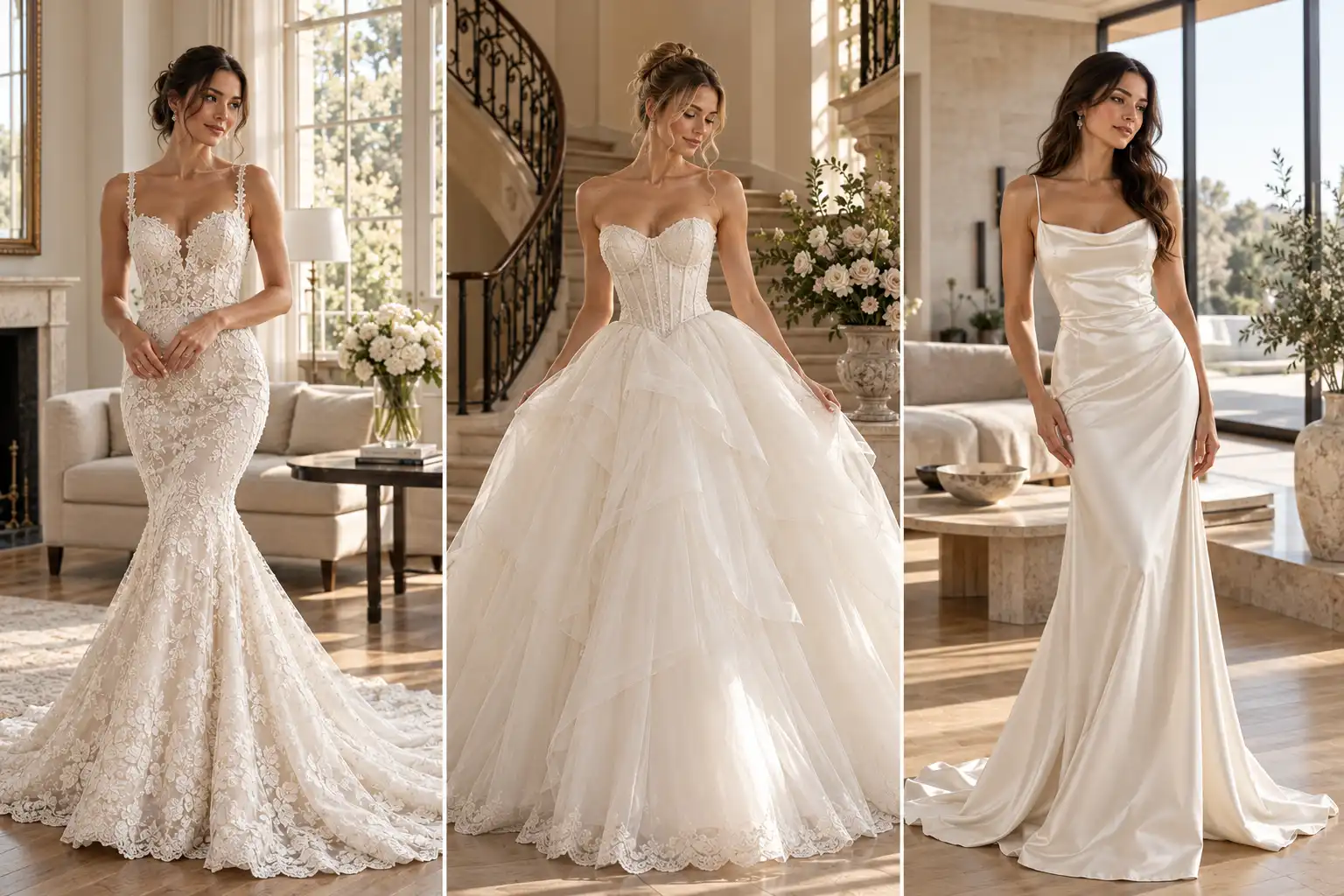 Luxury bridal fashion collage featuring three elegant brides wearing different ivory wedding gowns, including a mermaid gown, dramatic ballgown, and minimalist column dress in sophisticated home interiors. wedding gown ideas