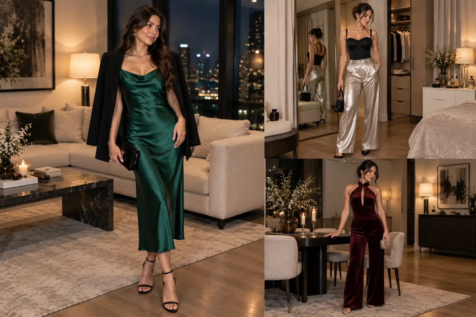 Three stylish women showcasing elegant party outfit ideas, including an emerald green satin slip dress with a black blazer, metallic wide-leg trousers with a black corset top, and a deep burgundy velvet jumpsuit.