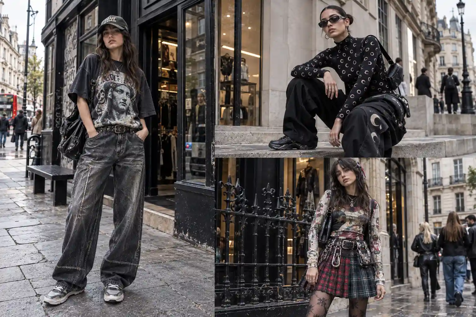Three-photo editorial fashion collage featuring women's streetwear looks inspired by trending brands, including bold London streetwear, futuristic Paris fashion, and experimental kilt-style Streetwear Brands.