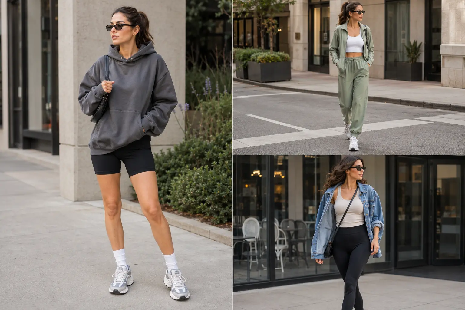 15 Athleisure Outfit Ideas featuring trendy athleisure looks, including oversized hoodies, biker shorts, matching sets, leggings, track jackets, and stylish sneakers.