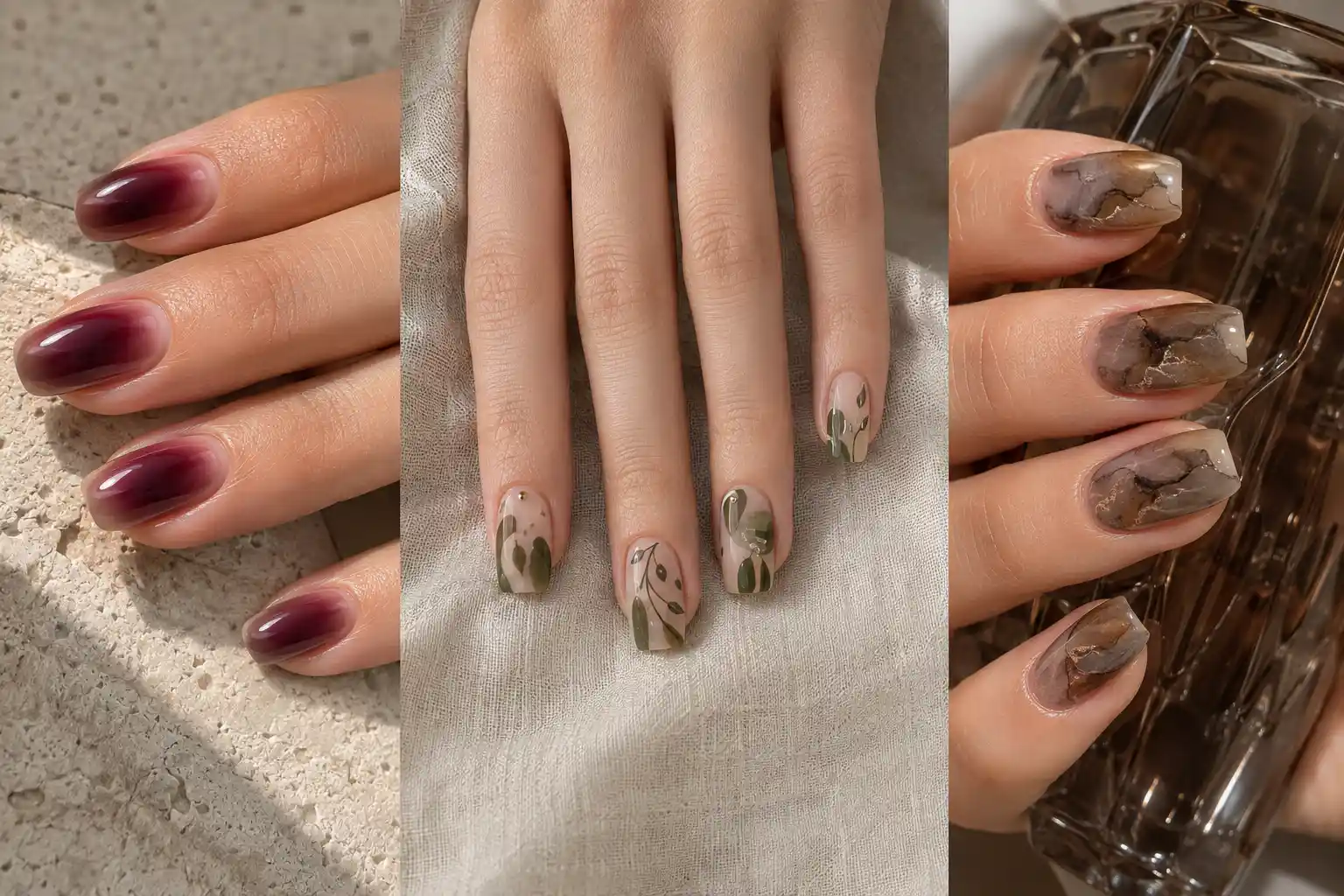 Collage of 14 unique squoval nail designs featuring aura, botanical, tortoiseshell, jelly, marble, celestial, checkerboard, opal, and smoky quartz manicures.