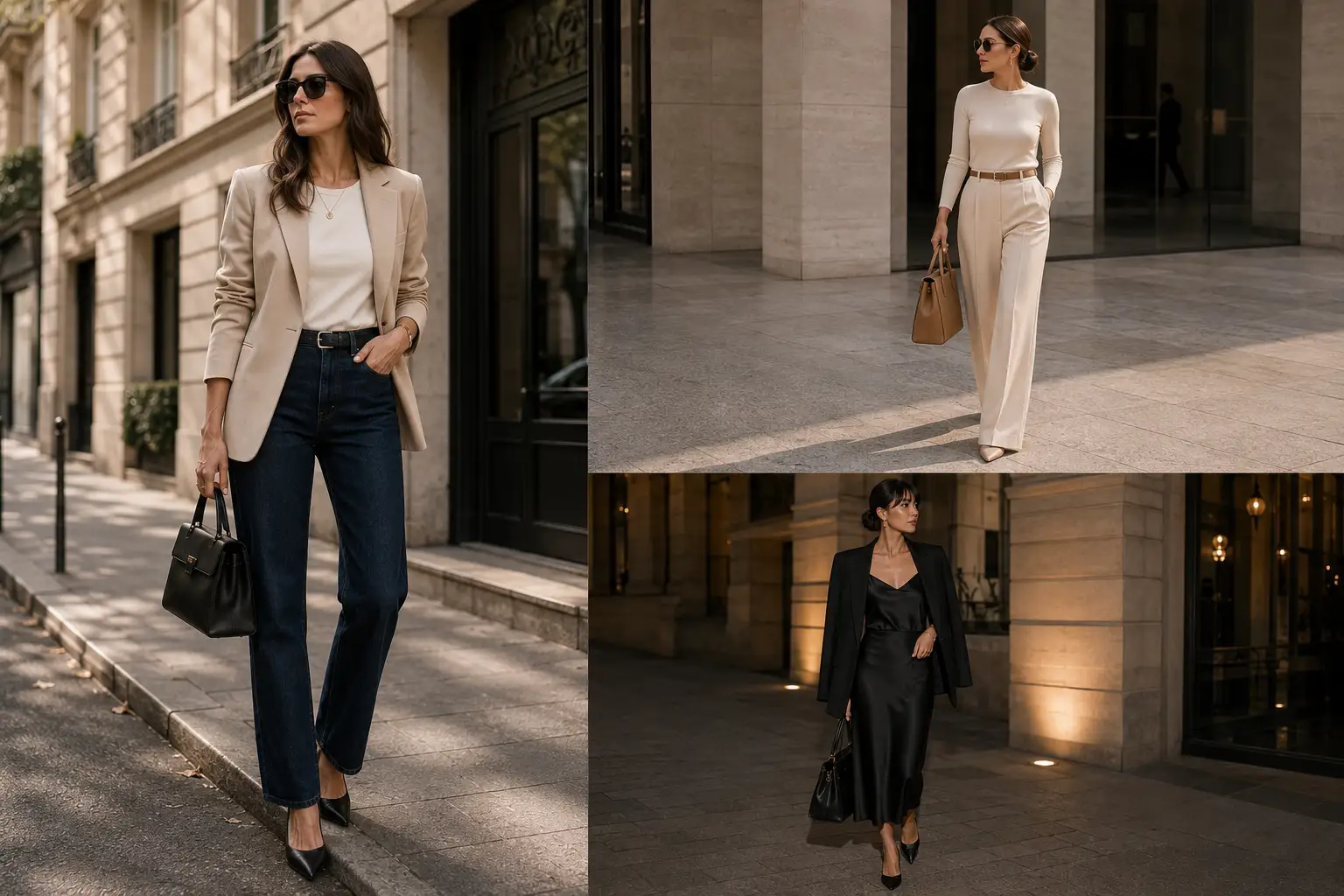 Pinterest fashion collage featuring four stylish women in elevated outfits including tailored blazers, neutral trousers, denim, and a satin slip dress, representing 11 expensive-looking outfit formulas.
