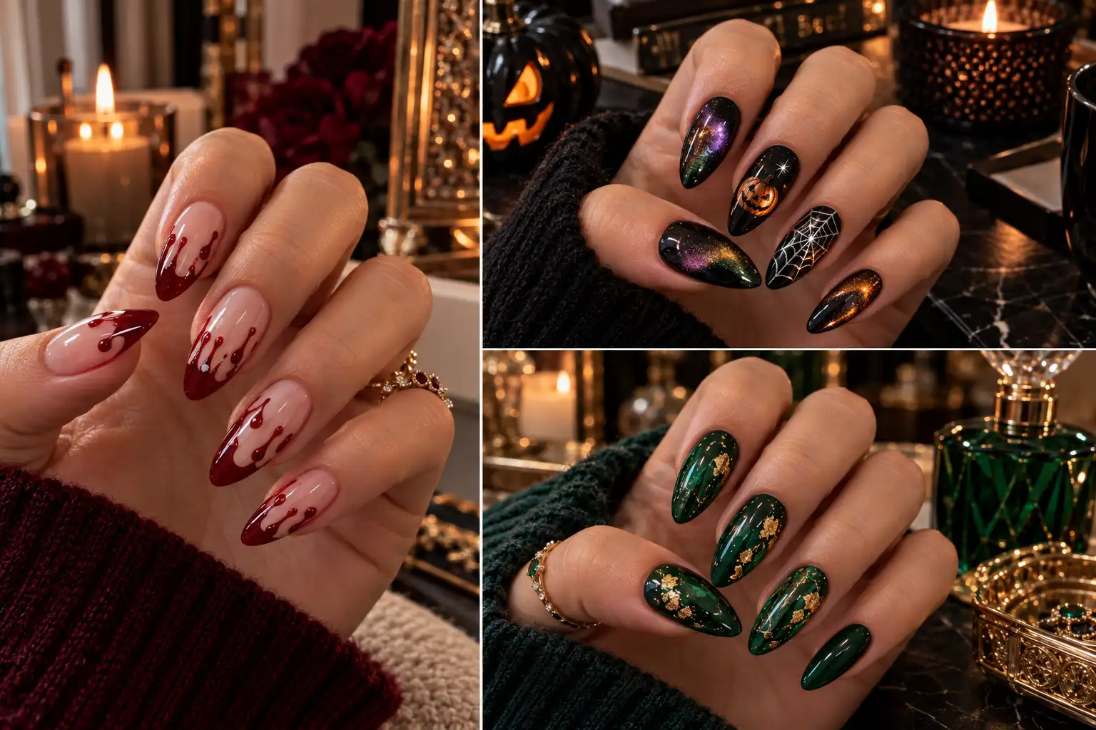 Collage of 11 Halloween nail ideas including blood drip French tips, black cat eye, spiderweb art, emerald potion nails and gothic lace