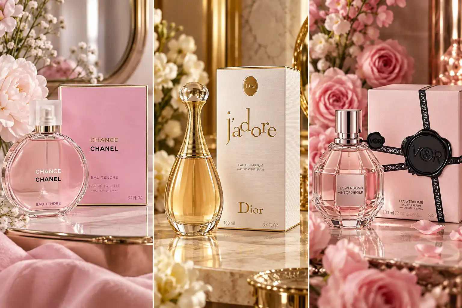 Seven compliment-getting women's fragrances featured in a luxury beauty editorial design, with an elegant woman and premium perfume styling alongside bold typography reading 7 perfumes for women That Get Compliments and Styleandseen.com branding.