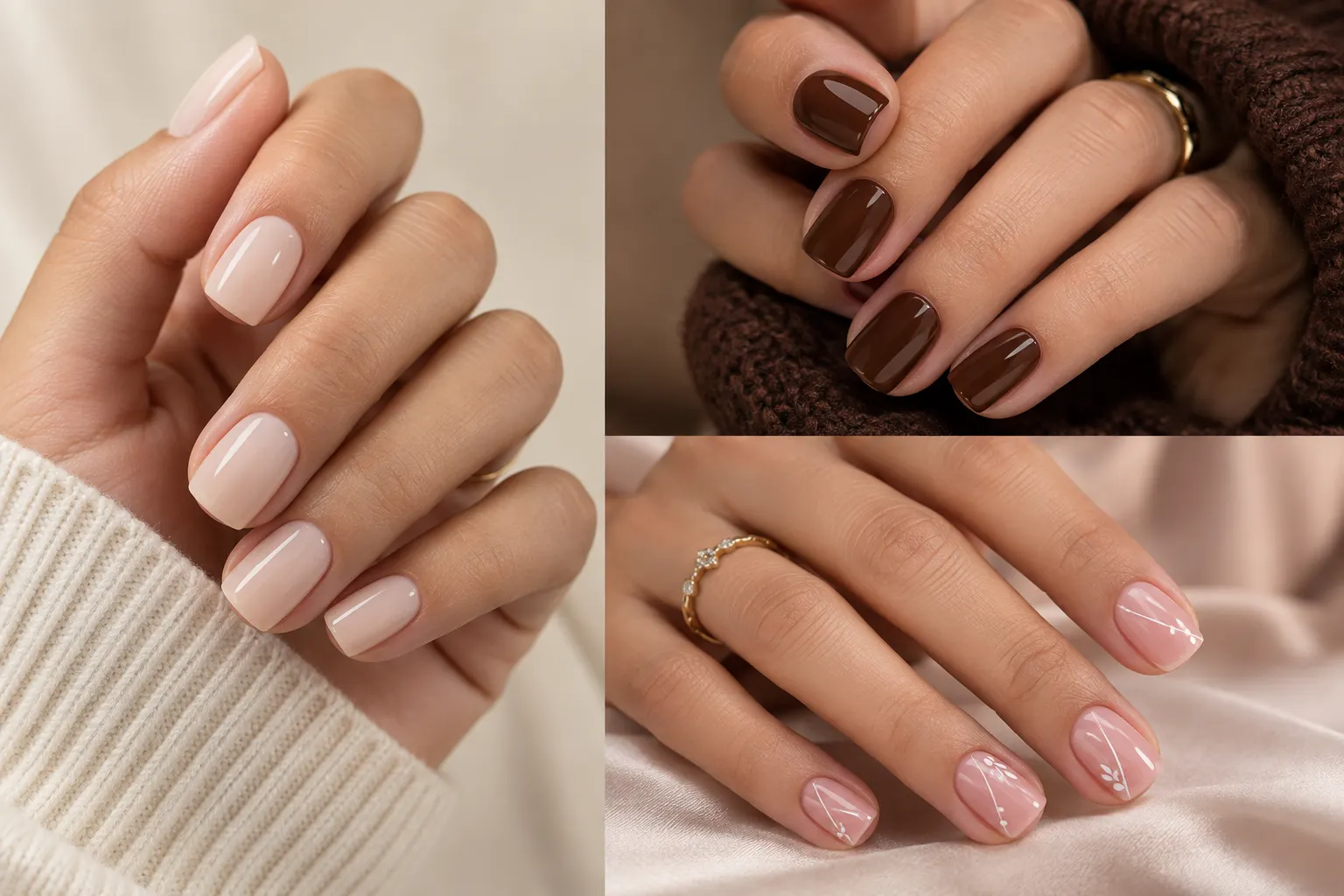 Pinterest featured image showing 16 short square nails ideas with multiple realistic manicure styles, including nude, French tip, glossy brown, pink, and modern nail-art designs.