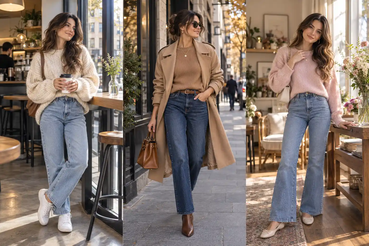 Fashion editorial featuring a stylish woman in a Sweater and Jeans Outfit Ideas, representing 18 sweater and jeans outfit ideas with cozy, chic, casual, layered, feminine, and minimalist styling inspiration.