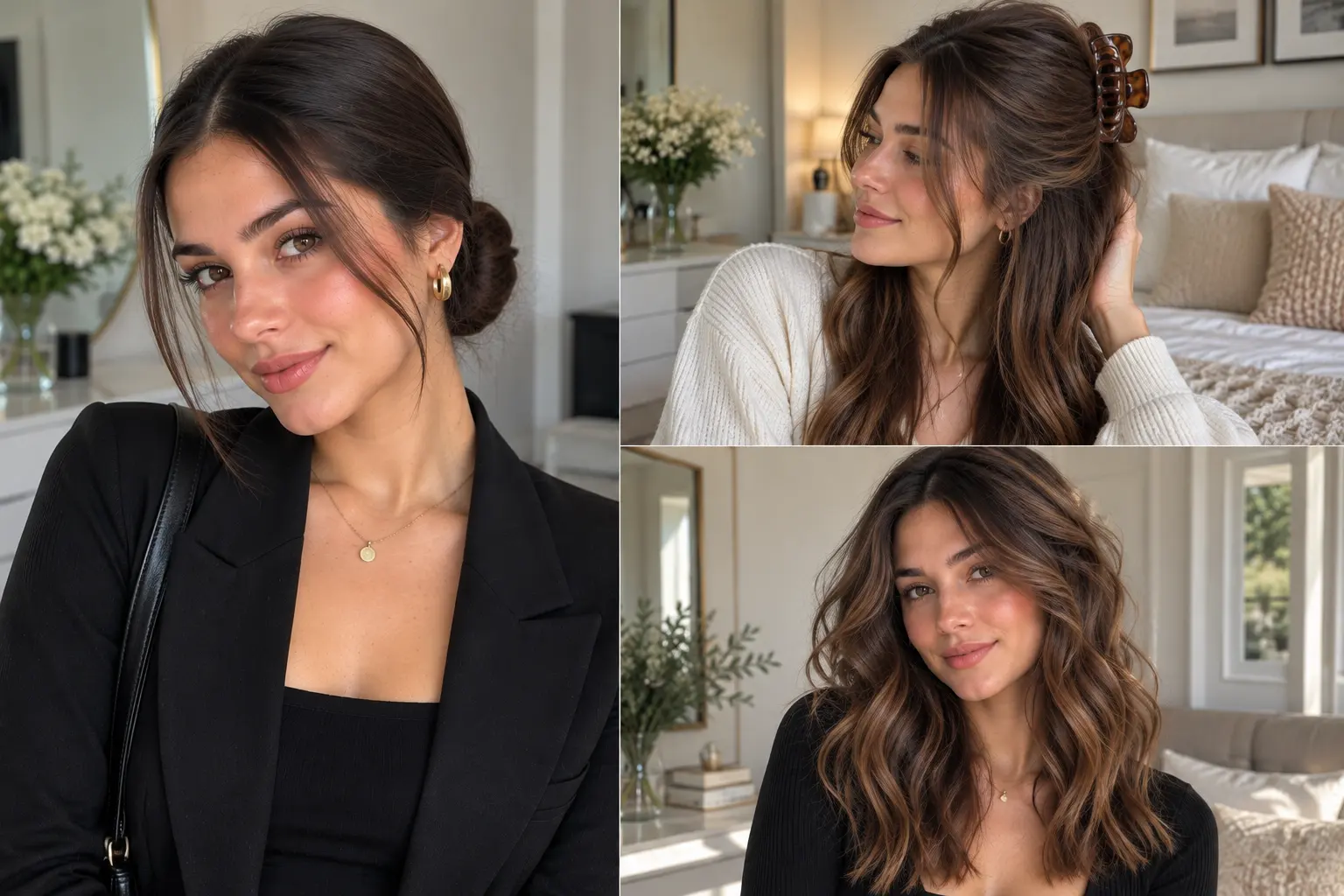 Woman with a polished everyday hairstyle featured in a bold beauty editorial graphic showcasing 15 easy hairstyle ideas for everyday wear.