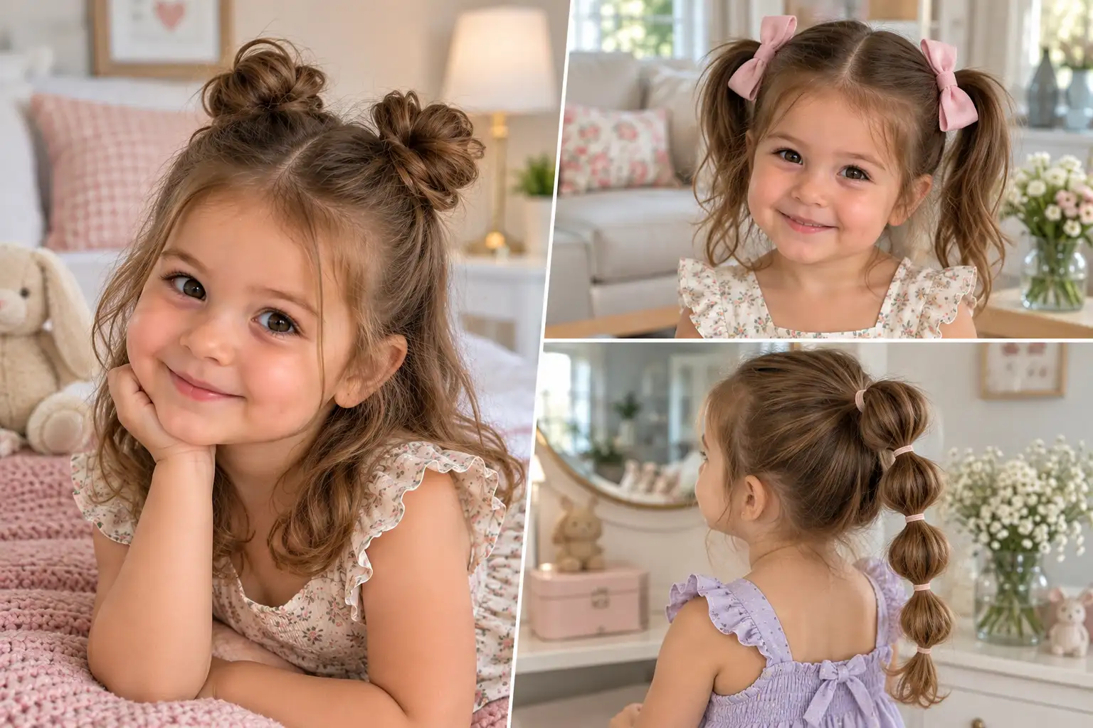 Pinterest-style collage featuring four realistic toddler girls with cute and easy hairstyles, including half-up space buns, pigtails with bows, a bubble ponytail, and a clip-back hairstyle, promoting 13 quick toddler hairstyle ideas.