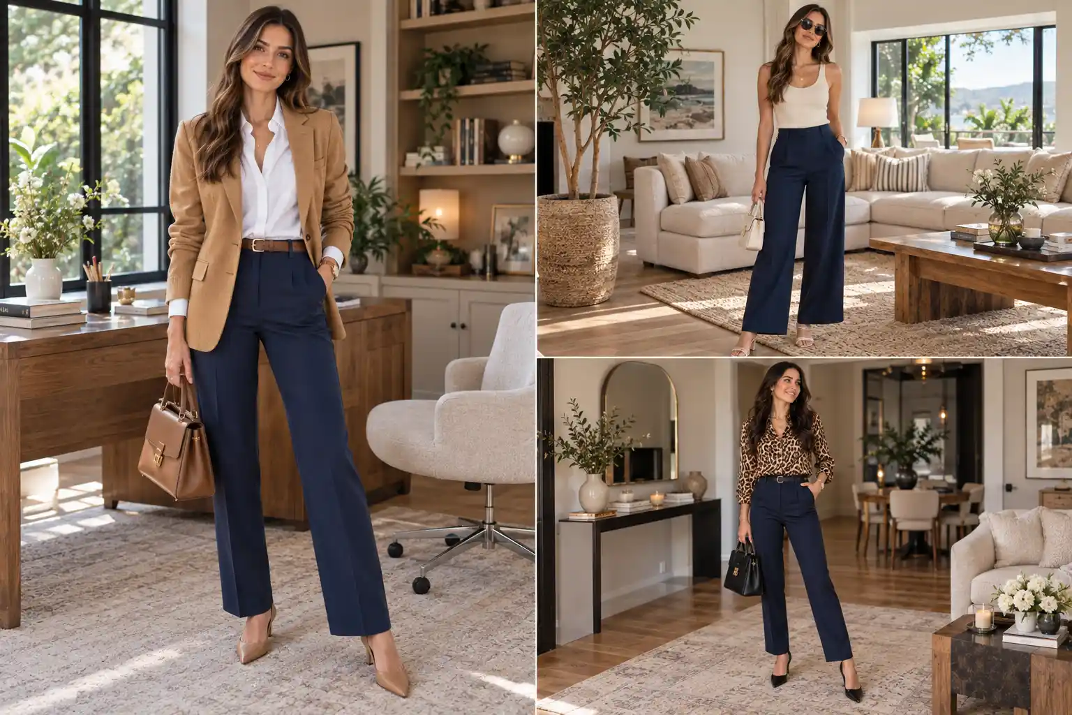 Fashion editorial graphic featuring a stylish woman in a navy blue pants outfit ideas with bold typography reading 16 Navy Pants Outfit Ideas and styleandseen.com at the bottom.