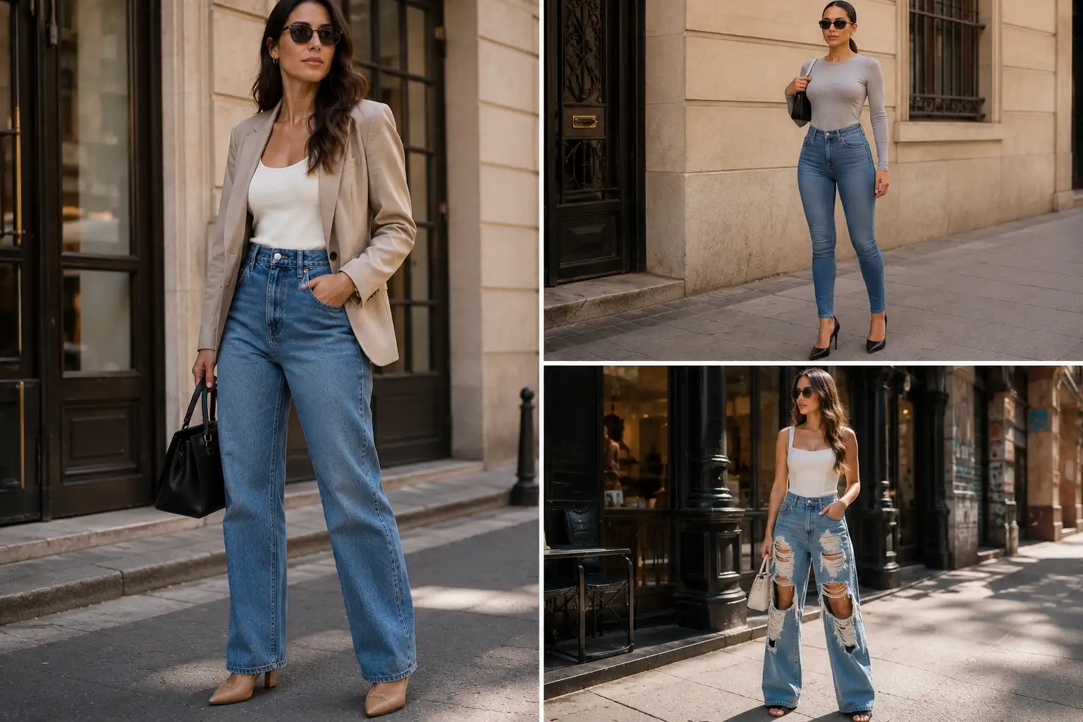 Vertical fashion editorial graphic featuring a bold oversized number 8 and the headline “8 Jeans Mistakes to Avoid in 2026” over a realistic luxury denim boutique interior with contemporary jeans displayed in the background.