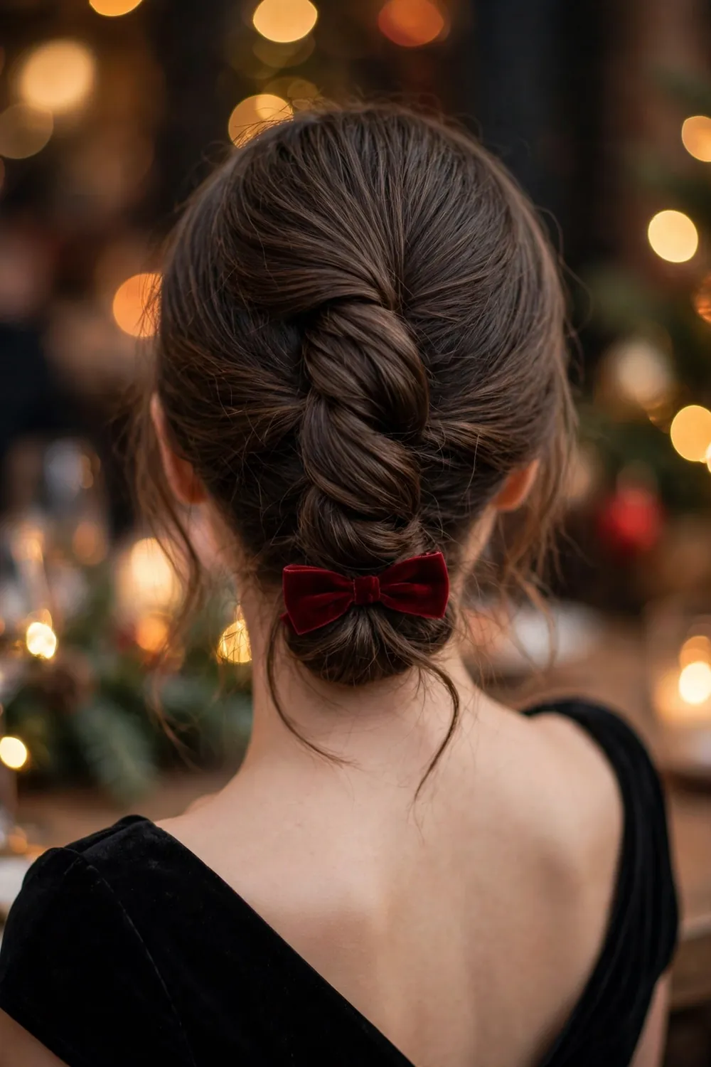 Woman with a classic French twist hairstyle finished with a red velvet bow