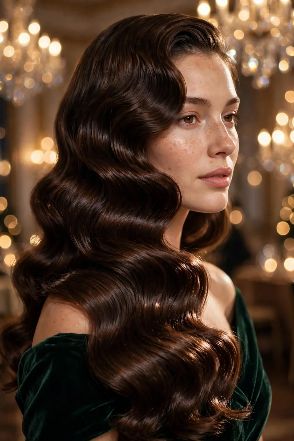 Woman with glossy Hollywood waves hairstyle over one shoulder in festive light