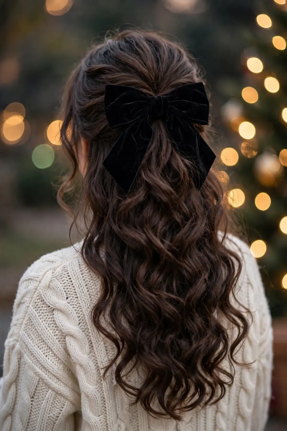 Half up hairstyle with a large black velvet bow on voluminous hair