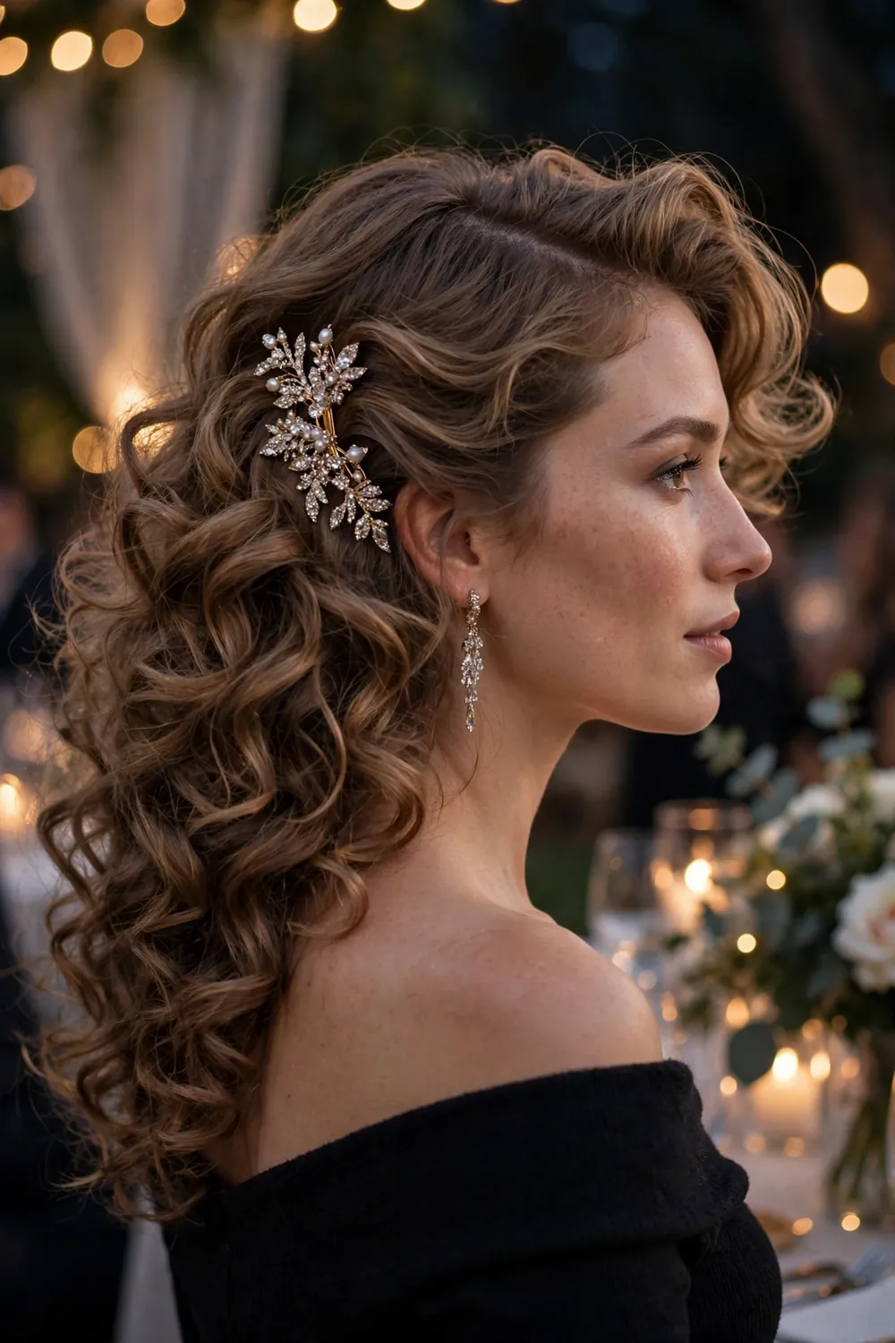 Woman with side swept curls hairstyle and sparkling earrings at a party