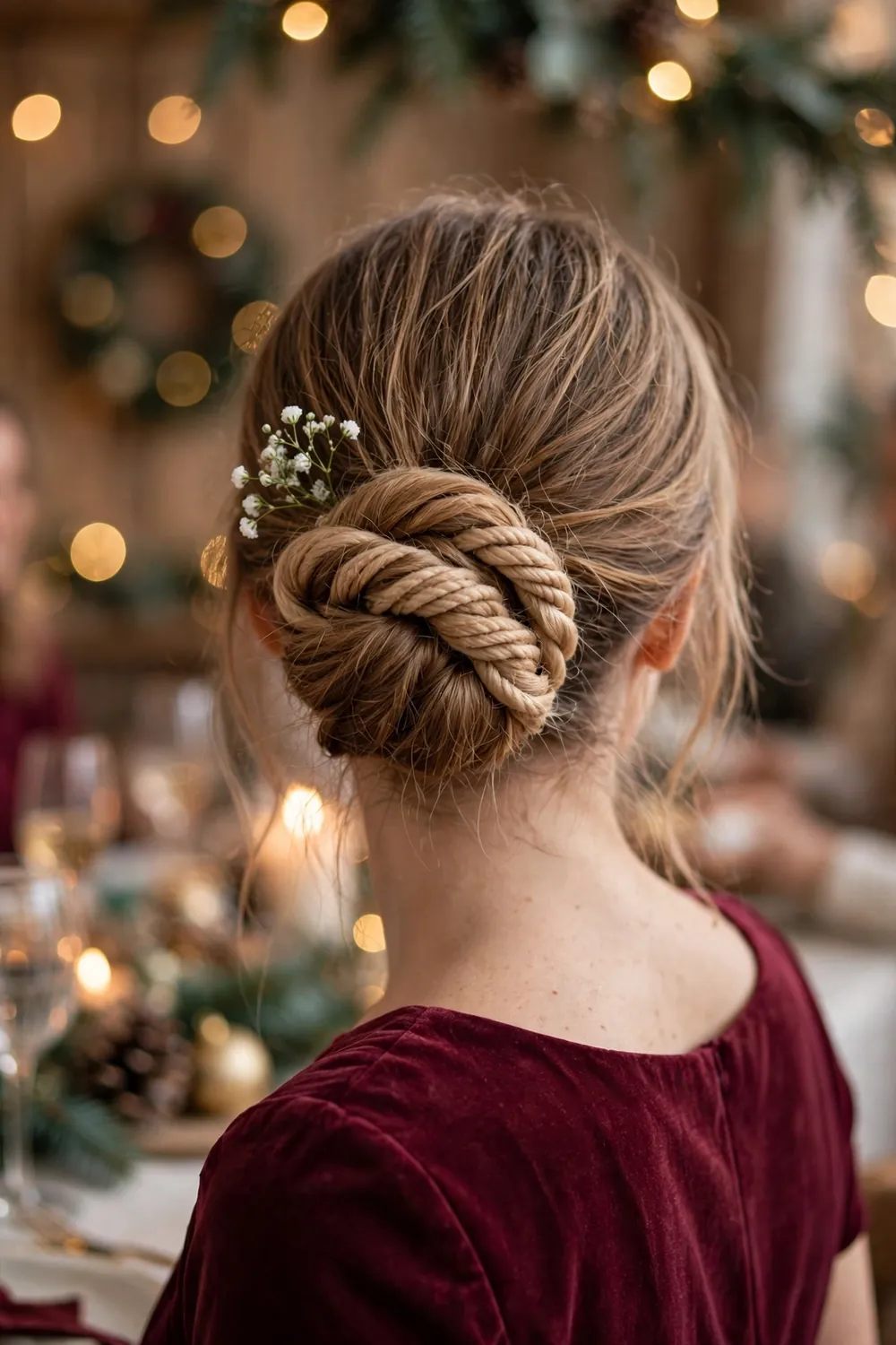 Low twisted bun hairstyle with soft texture on a woman in a holiday dress