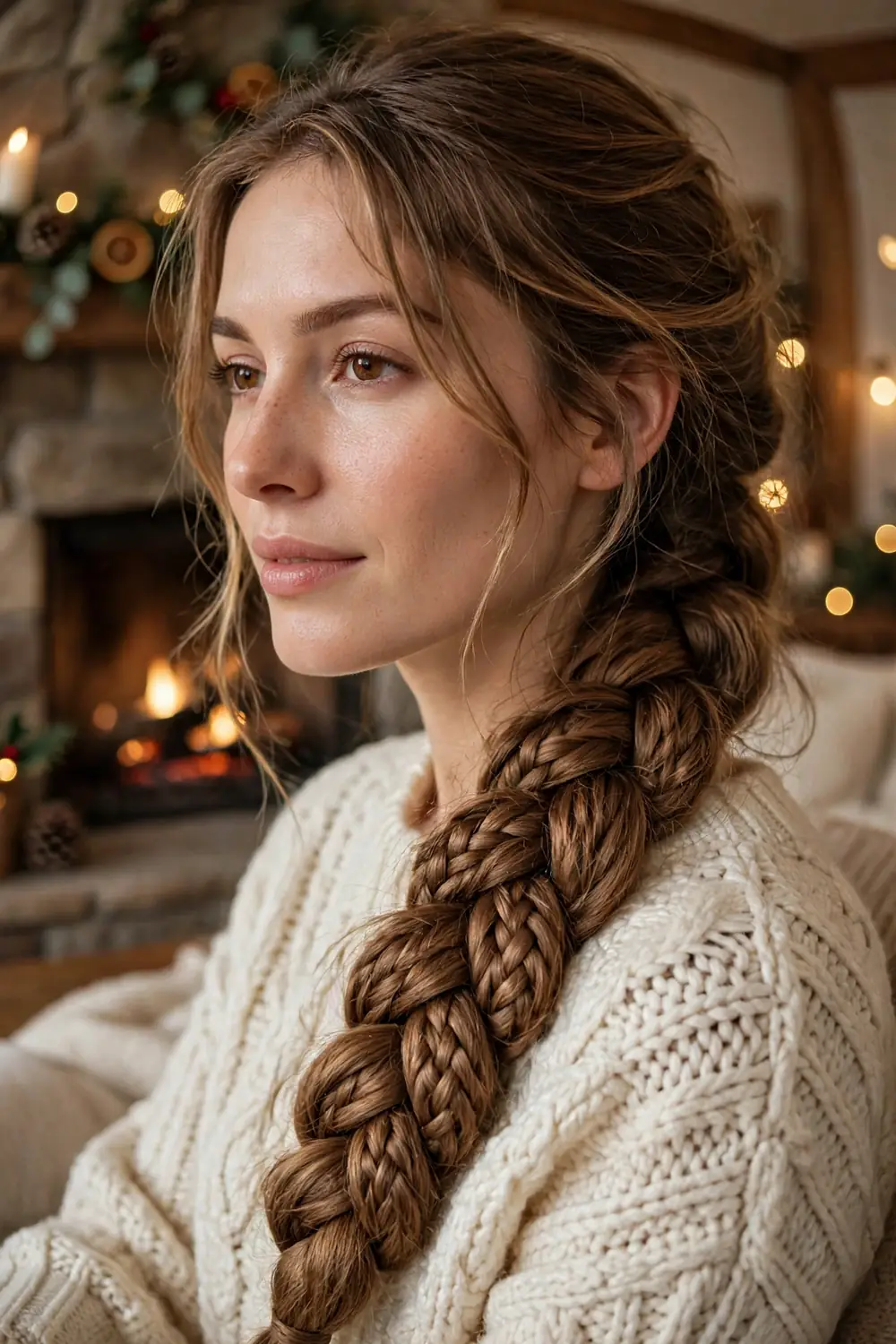 Fishtail braid draped over one shoulder with loose romantic pieces