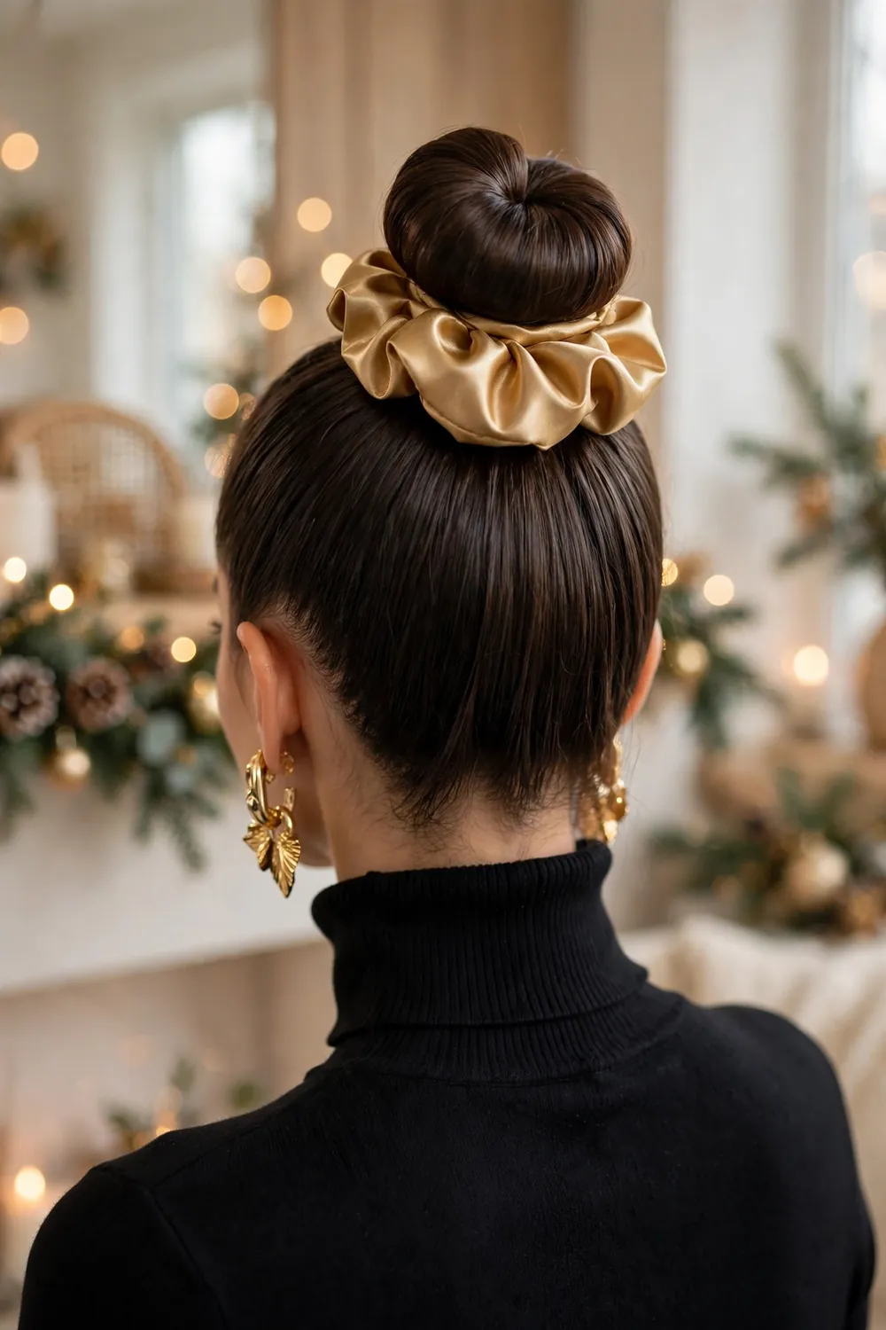 Polished top knot hairstyle with a gold satin scrunchie on a woman