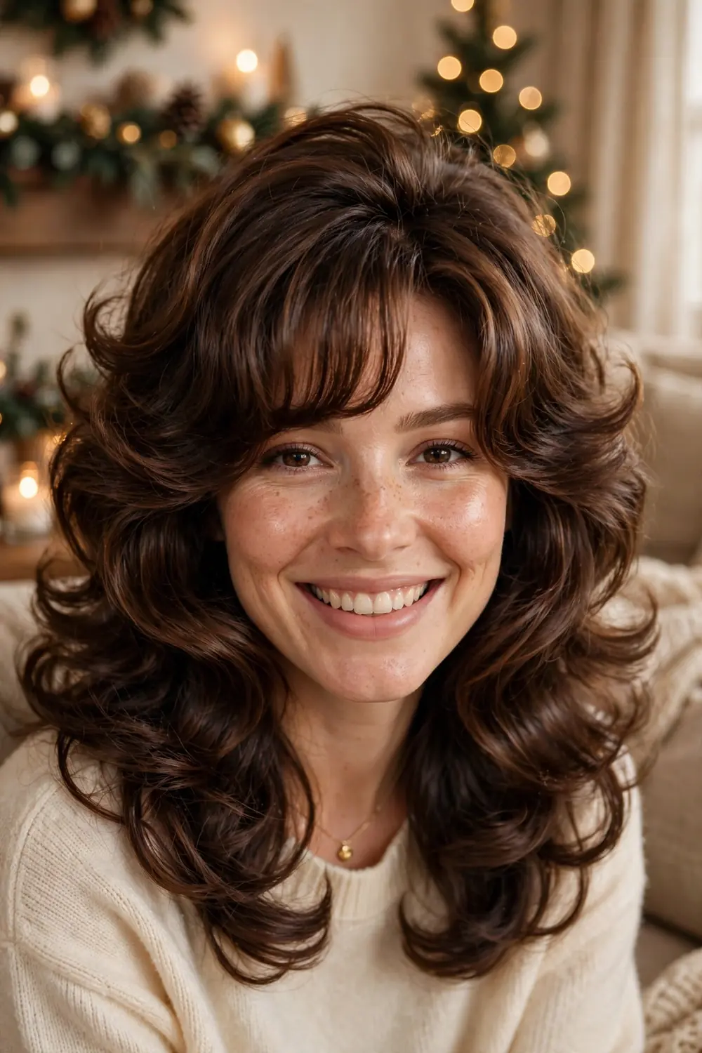 Woman with curtain bangs and a bouncy blowout hairstyle smiling softly