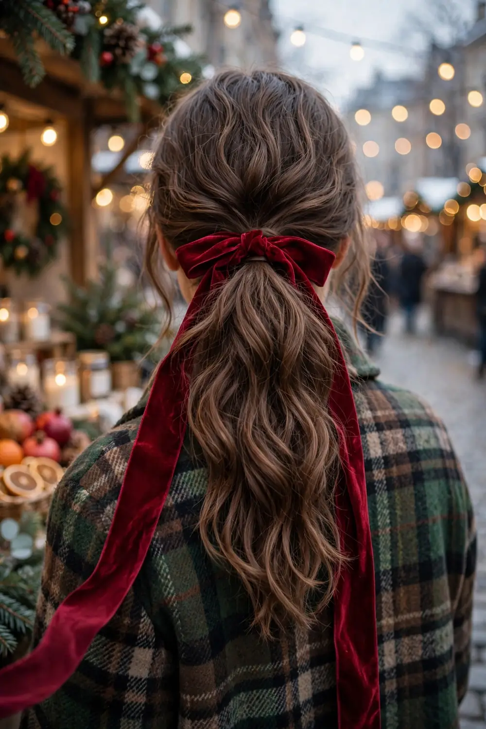 Textured low ponytail tied with a long red ribbon on a woman