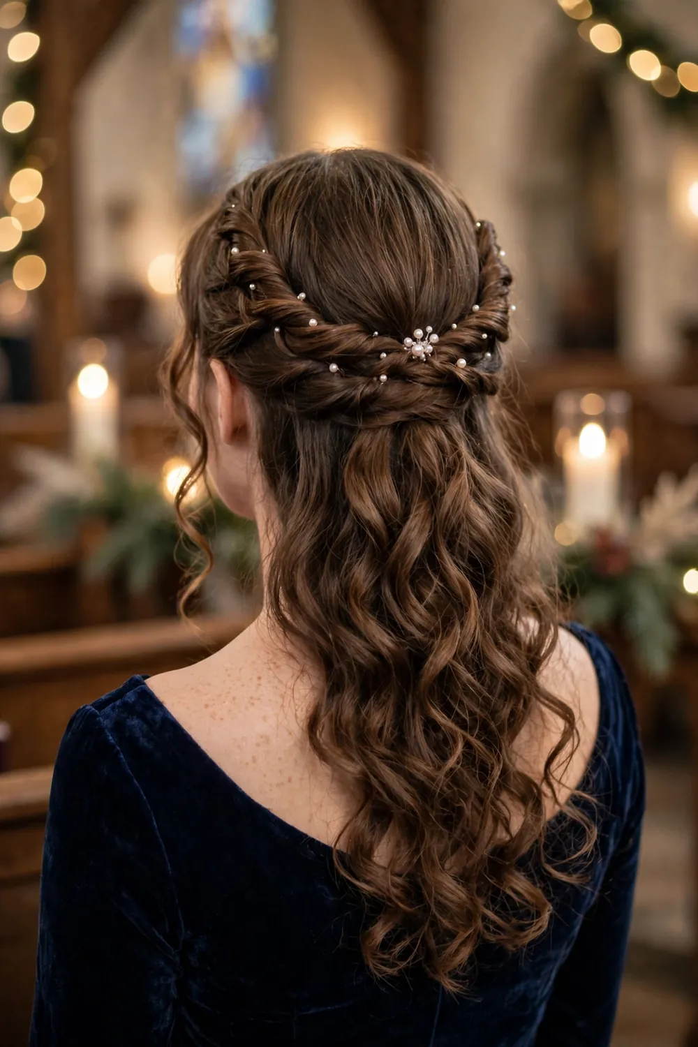 Half up twisted halo hairstyle with soft curls on a woman