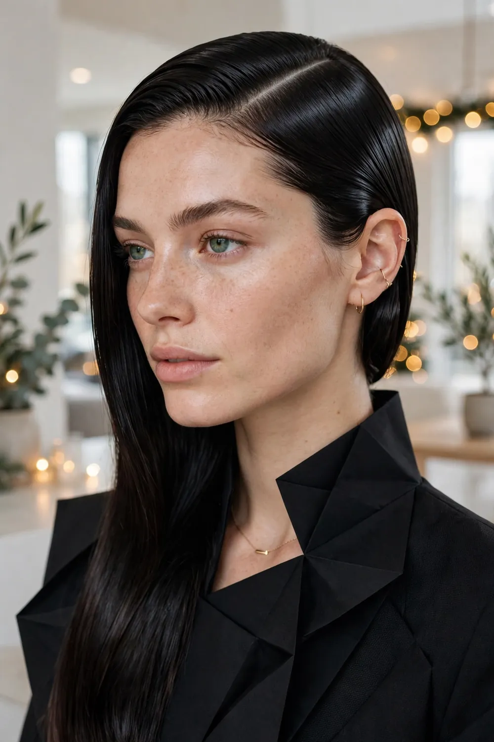 Sleek straight hairstyle with a deep side part on a woman with glossy hair