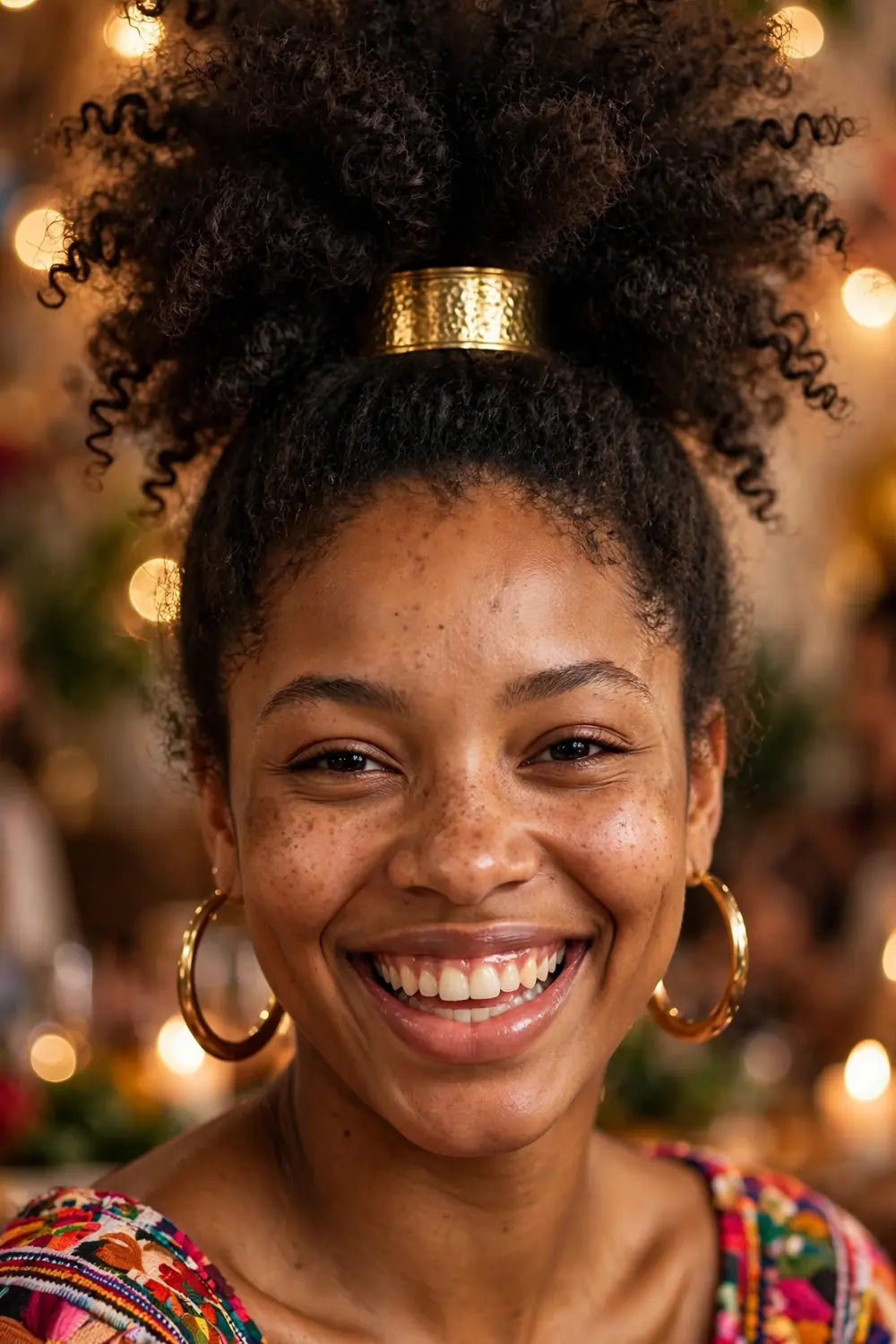Curly high puff hairstyle with defined curls on a smiling woman