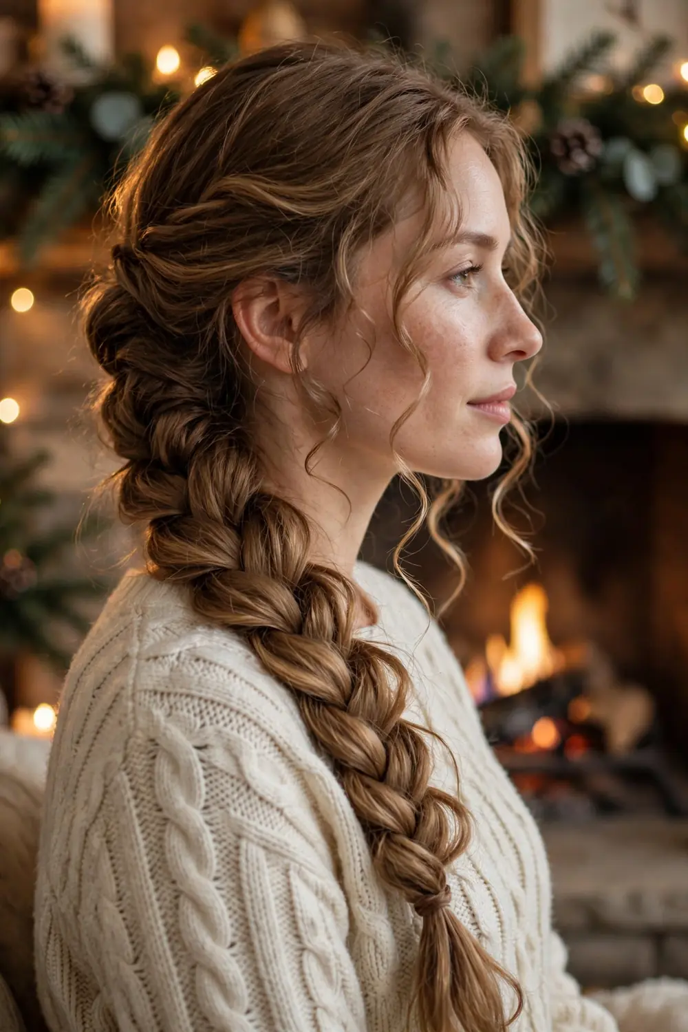 Romantic loose braid hairstyle with soft pulled pieces on a woman