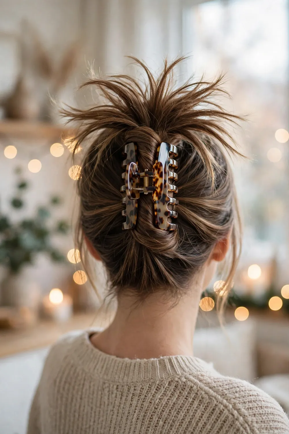 French twist style secured with a tortoiseshell claw clip on a woman