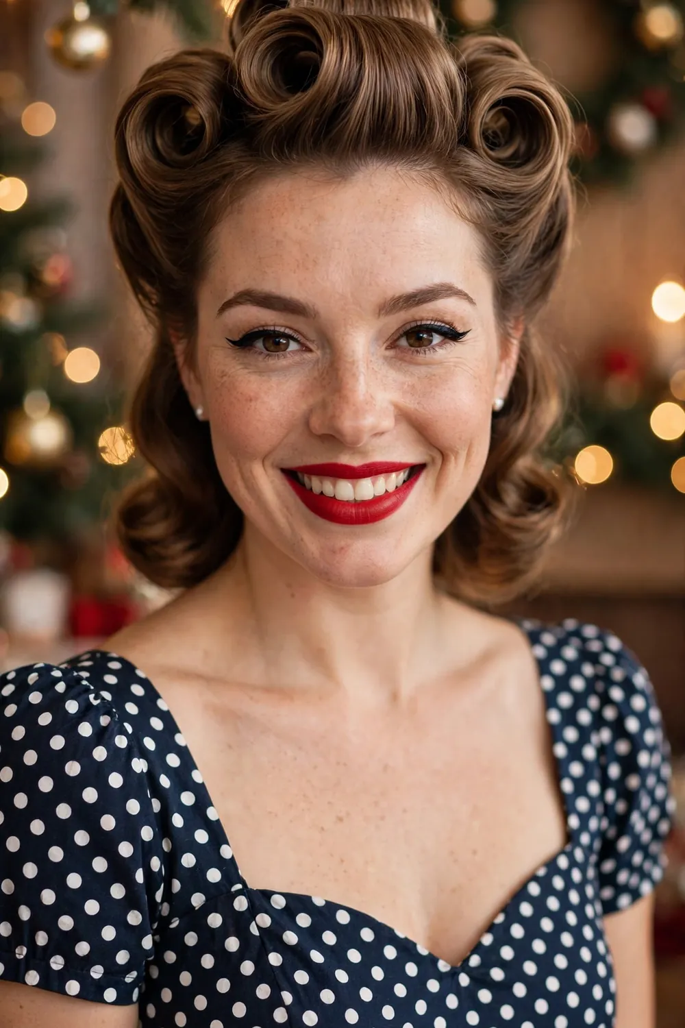 Vintage victory rolls hairstyle with red lipstick on a woman in retro style