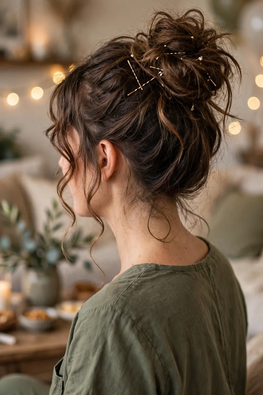 Messy textured bun with curled face framing pieces on a relaxed woman