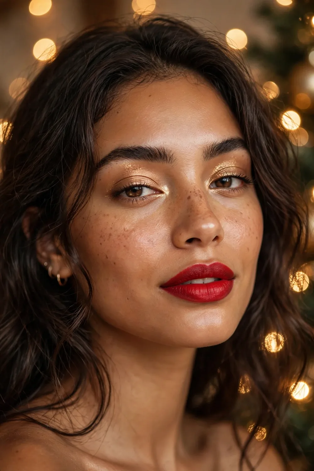Close up portrait of a woman wearing classic red lipstick and soft gold eyeshadow with blurred Christmas lights behind her