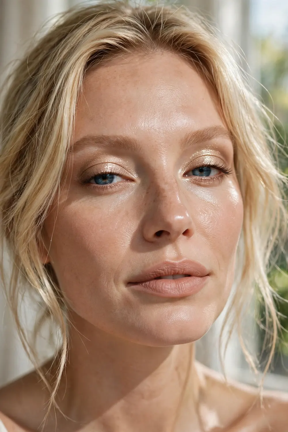Close up of a womans eyes with champagne shimmer eyeshadow and dewy glowing skin