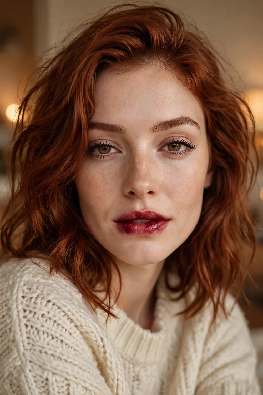 Close up portrait of a woman with berry stained lips and minimal eye makeup wearing a cozy knit