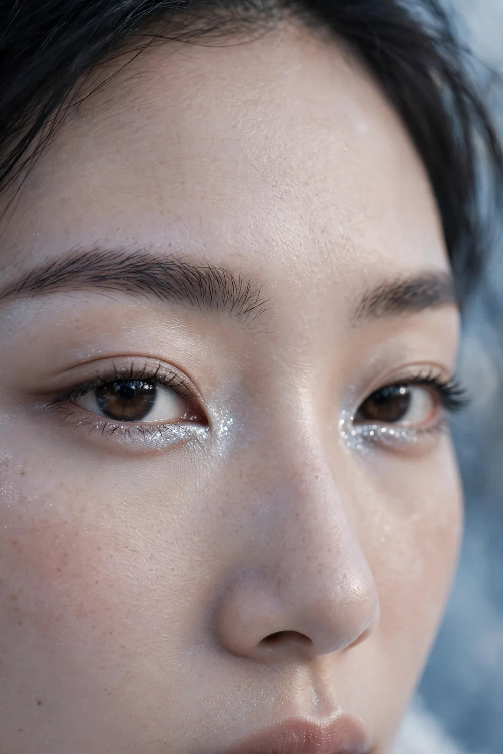 Close up of a womans eyes with frosted silver shimmer at the inner corners and soft neutral shadow