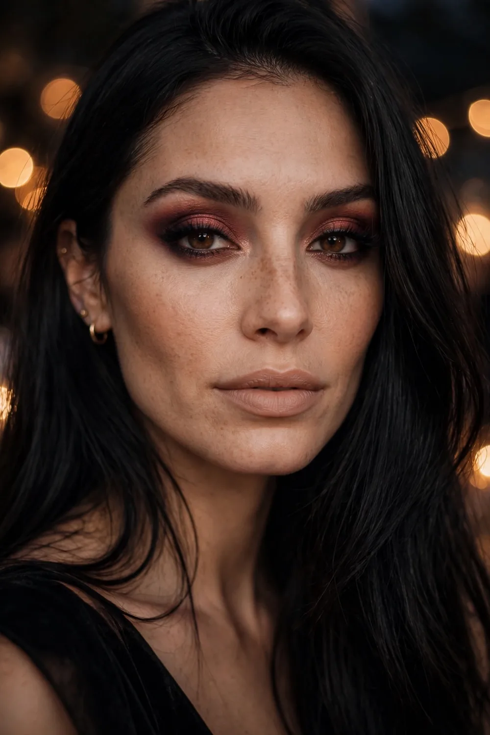 Close up portrait of a woman with a cranberry smoky eye and nude lips in evening light