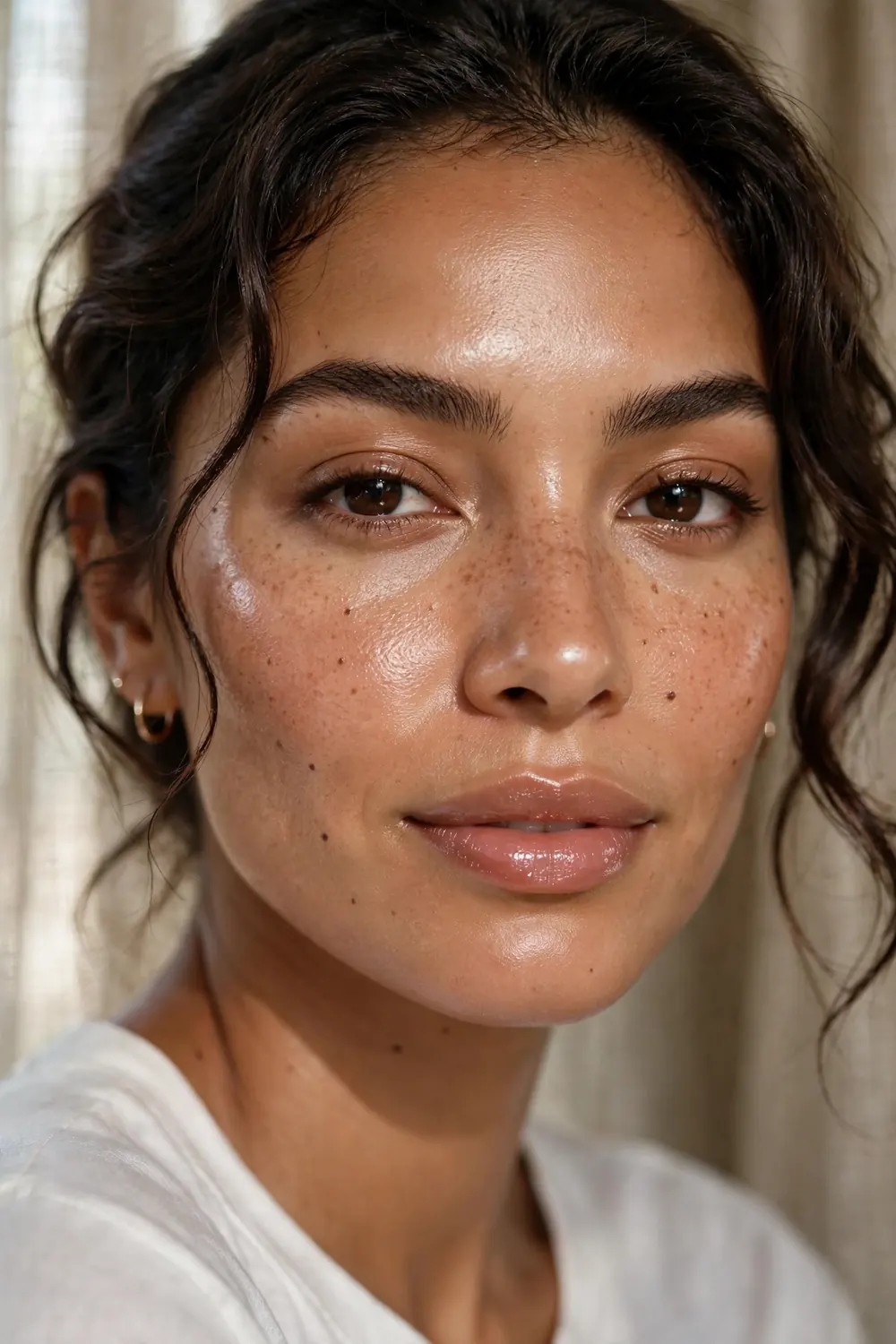 Close up portrait of a woman with glossy nude lips and dewy lit from within glowing skin
