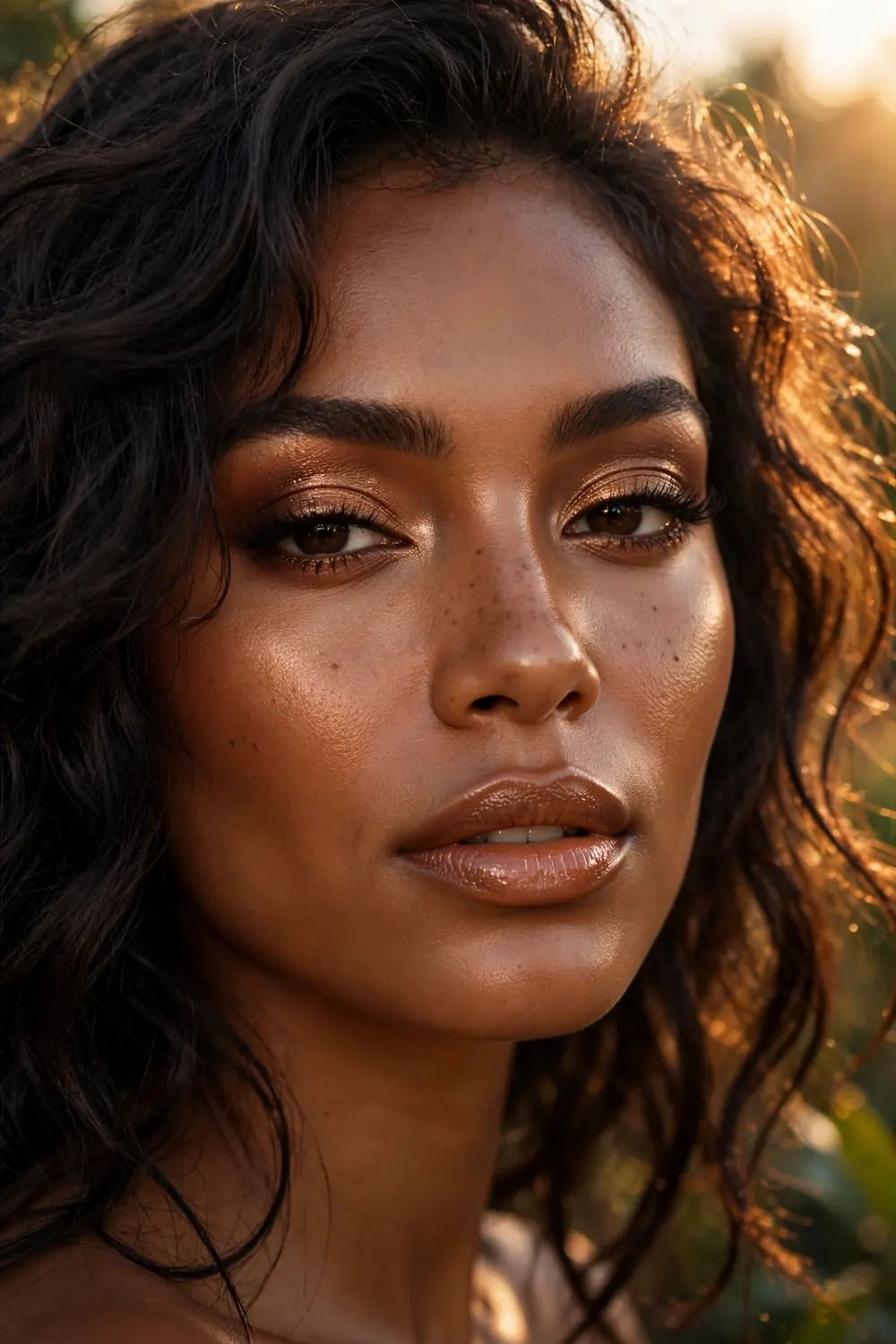 Close up portrait of a woman with bronzed glowing skin and warm bronze eyeshadow in golden light