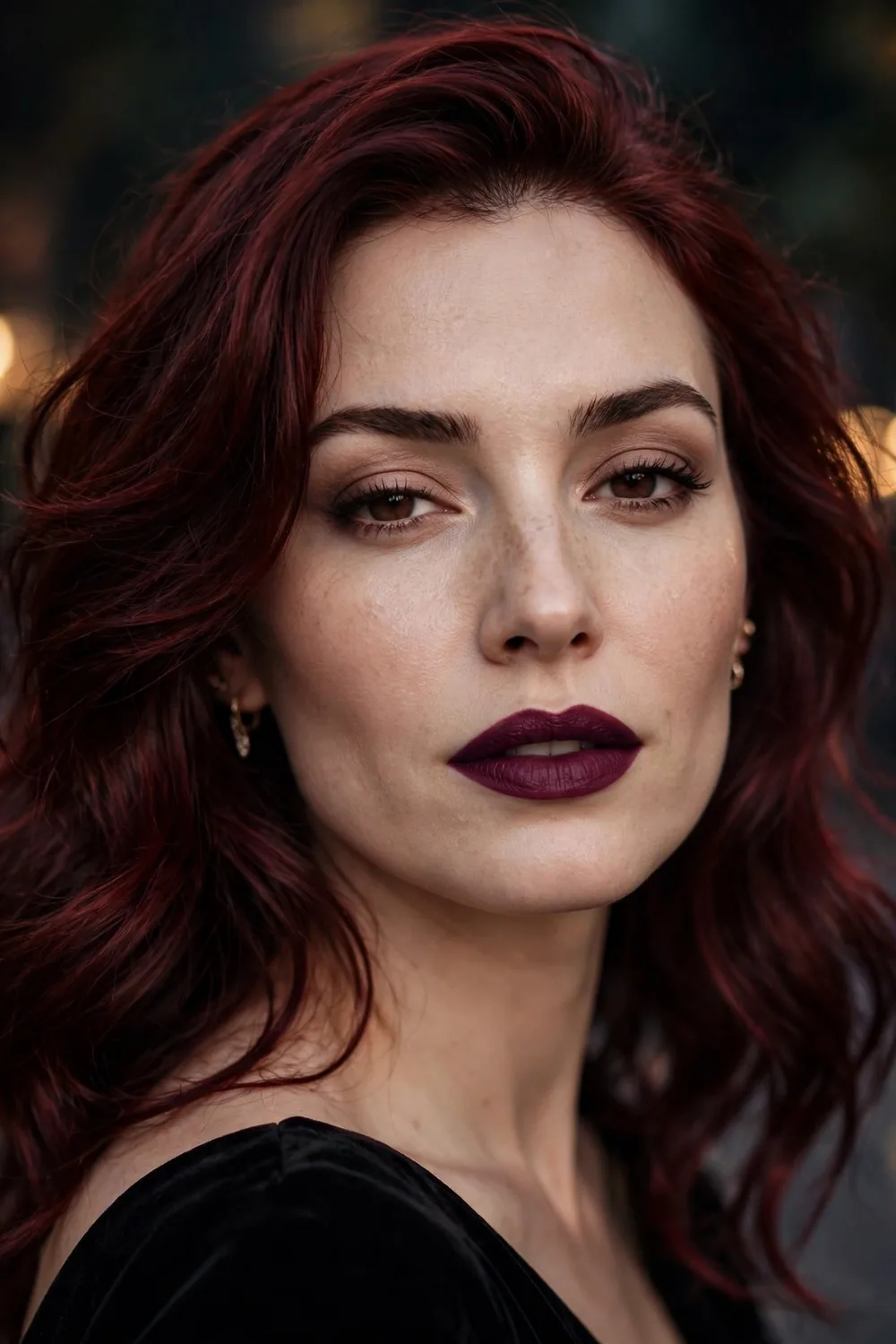 Close up portrait of a woman wearing deep plum lipstick with soft neutral eye makeup