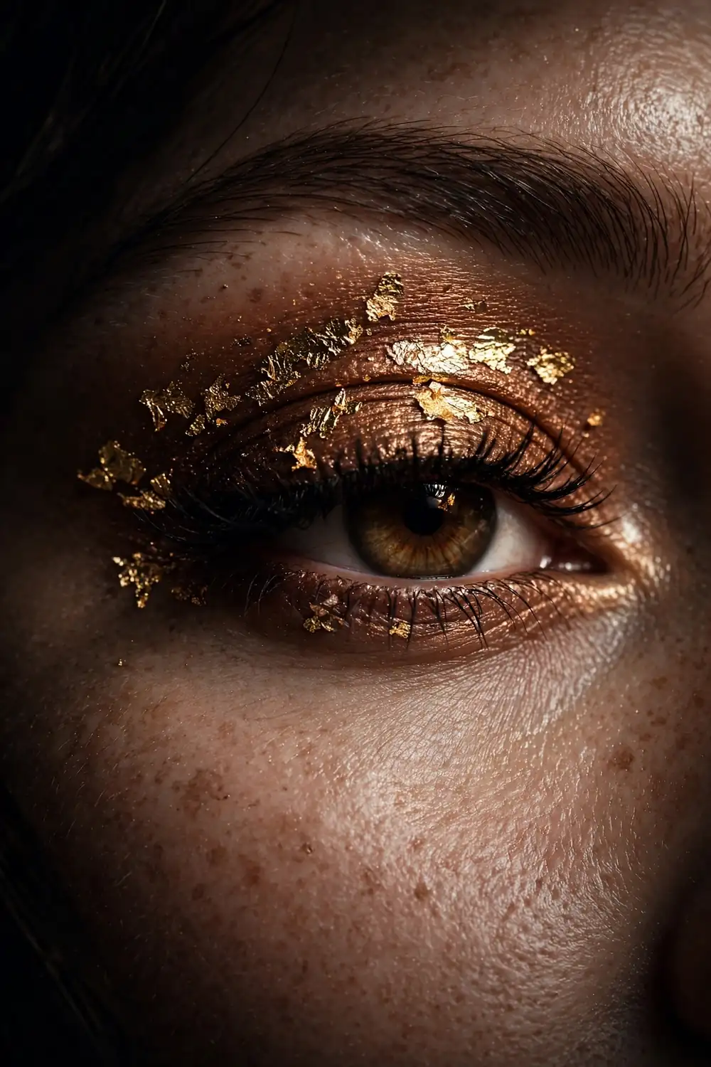 Close up of a womans eye with delicate gold foil flakes pressed onto the eyelid over bronze shadow