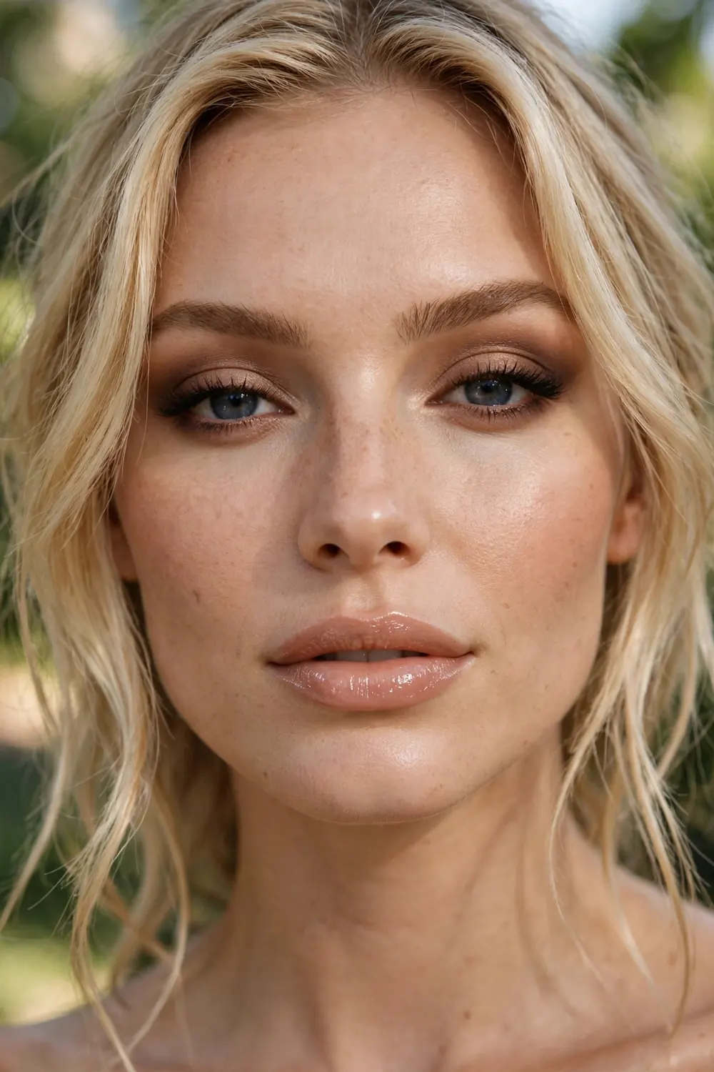 Close up portrait of a woman with a soft brown smoky eye and nude glossy lips
