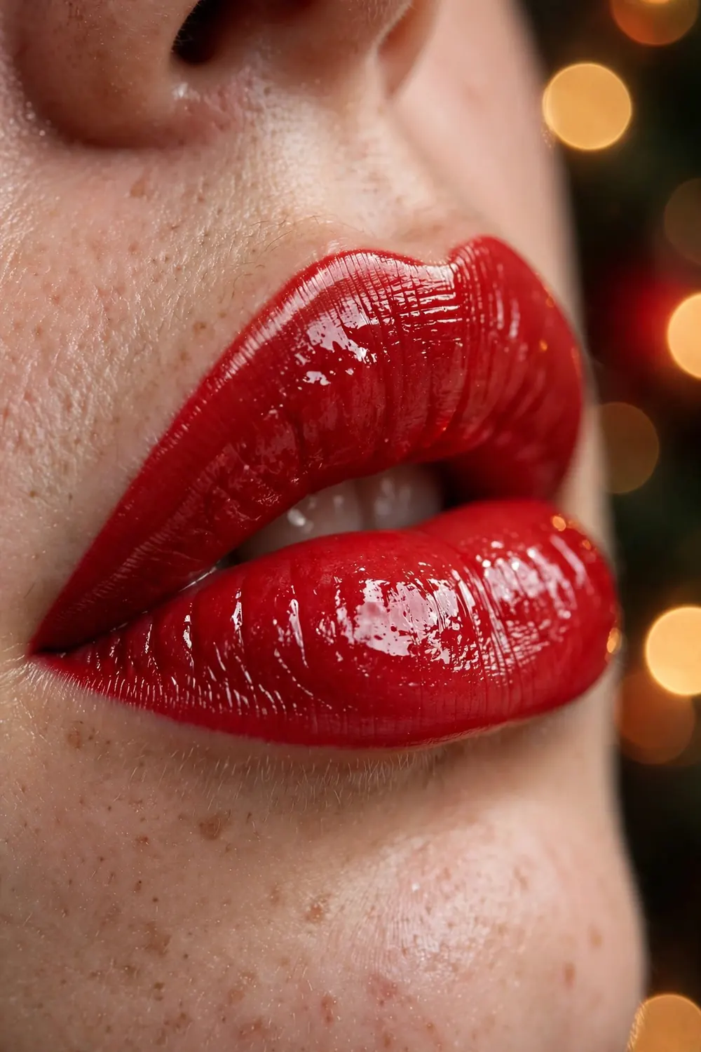 Close up of a womans lips with high shine candy apple red gloss in festive light