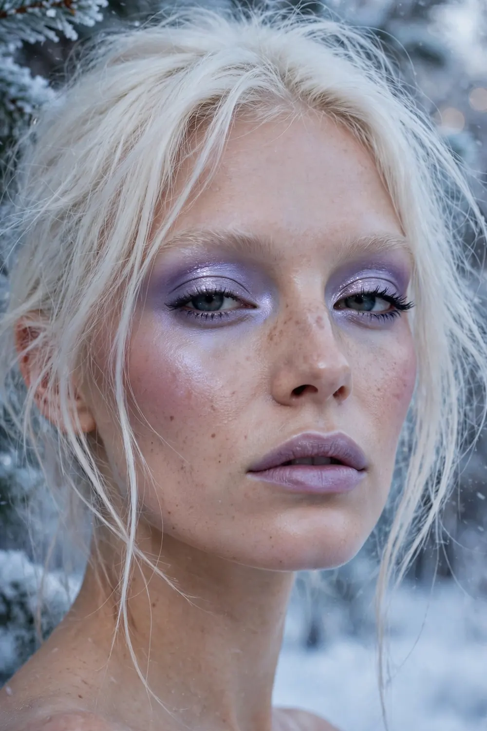 Close up of a womans eyes with frosty lilac eyeshadow and cool toned holiday makeup